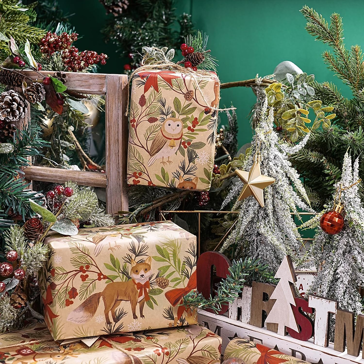 RUSPEPA Kraft Christmas Wrapping Paper Roll, Mini Roll, Woodland Animal Design with Fox, Reindeer, Owl and Bunny, Kraft Gift Wrap for Christmas, Holiday, Winter Party, 17 Inches x 16.4 Feet image 5