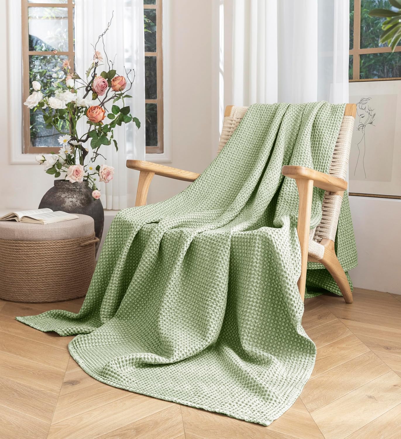 Talasily 100% Cotton Blanket Queen Size for Bed - Spring and Summer Cooling Lightweight & Breathable Bedding -Soft Waffle Weave Christmas Blanket, Machine Washable,Sage Green,50x60 Inches