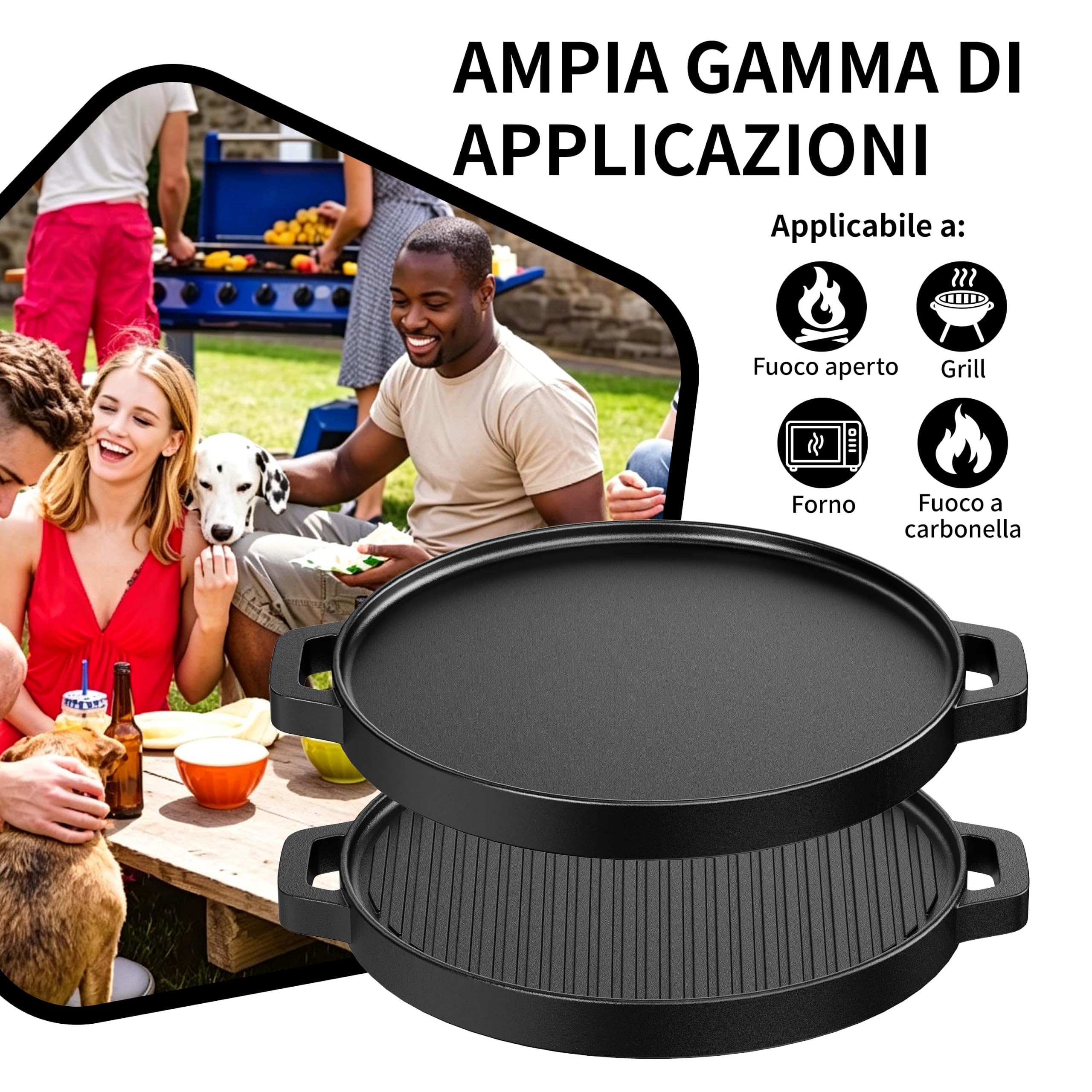 Piastra griglia con Manico per barbecue, Bistecchiera Antiaderente, Piastra Premium in Ghisa da 33 cm per Barbecue a Carbone, Gas e Pellet (Nero)