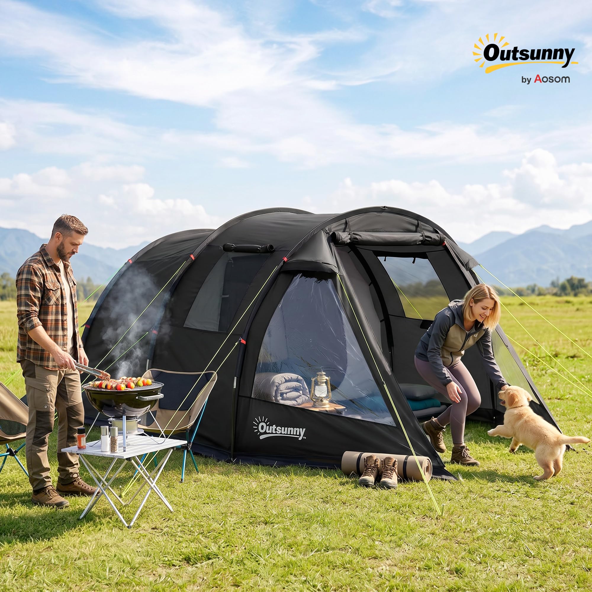 Outsunny Campingzelt für 3 Personen leicht, stabil Familienzelt mit Tür Fenster, Packtasche, groß Tunnelzelt mit 2000mm Wassersäule Zelt für Camping Reise Trekking Garten