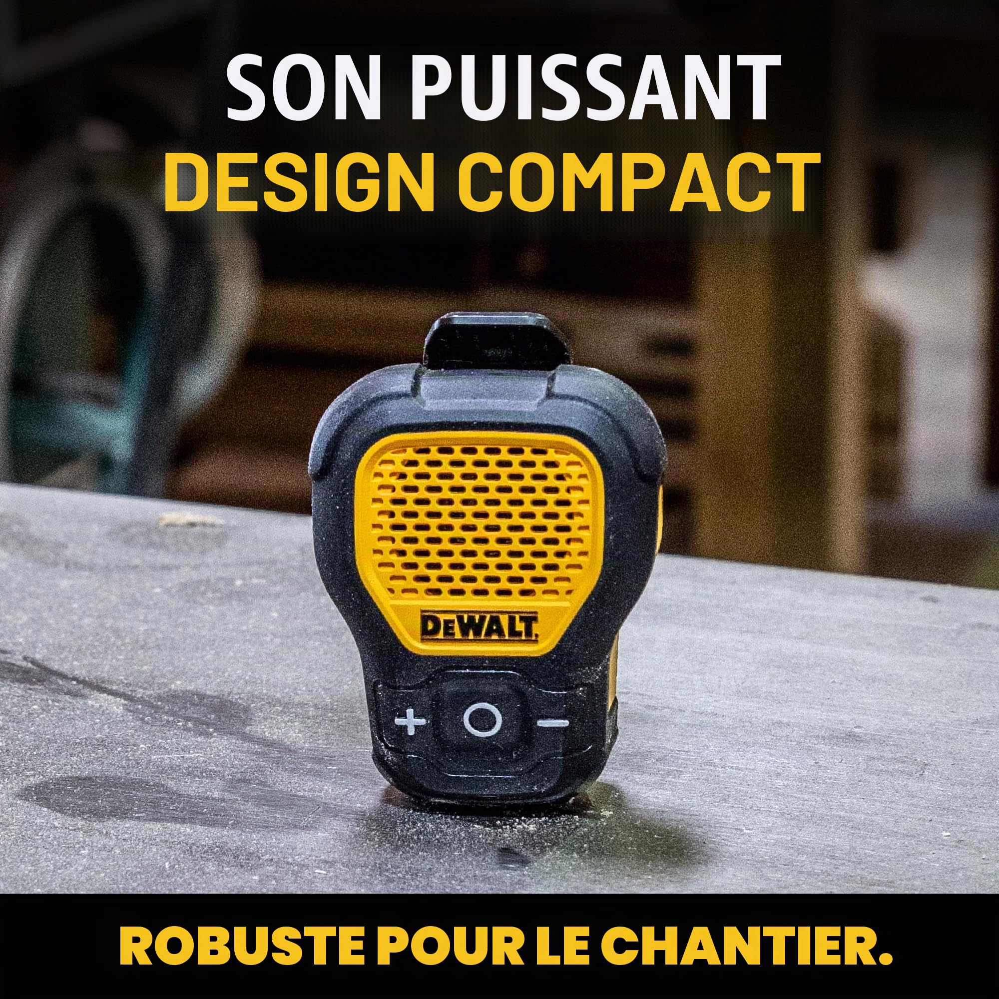 DEWALT Enceinte Bluetooth Portable (Version Mise à Jour), Haut-Parleur Portable sans Fil à Clipser Jobsite Pro résistant à l'eau, Microphone intégré pour Musique/appels Mains Libres, Haut-Parleur
