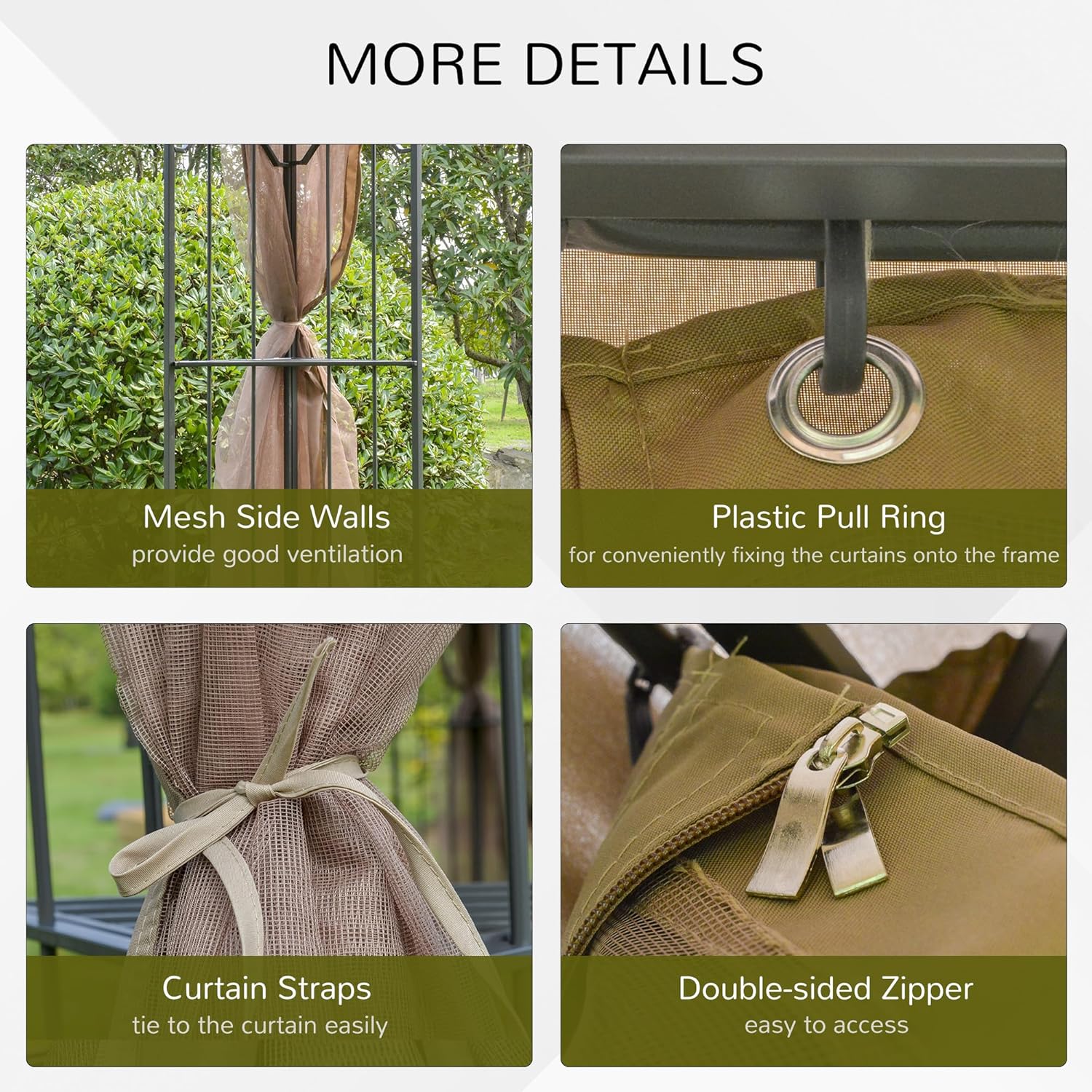 Detailed view of gazebo features: mesh sidewalls, plastic pull rings, curtain straps, and double-sided zippers.