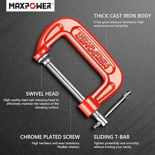 Miniatura 3 de MAXPOWER Abrazadera en C de 2 pulgadas, juego de 12 abrazaderas C, apertura de mandíbula de 2 pulgadas, profundidad de garganta de 1-3/16 pulgadas
