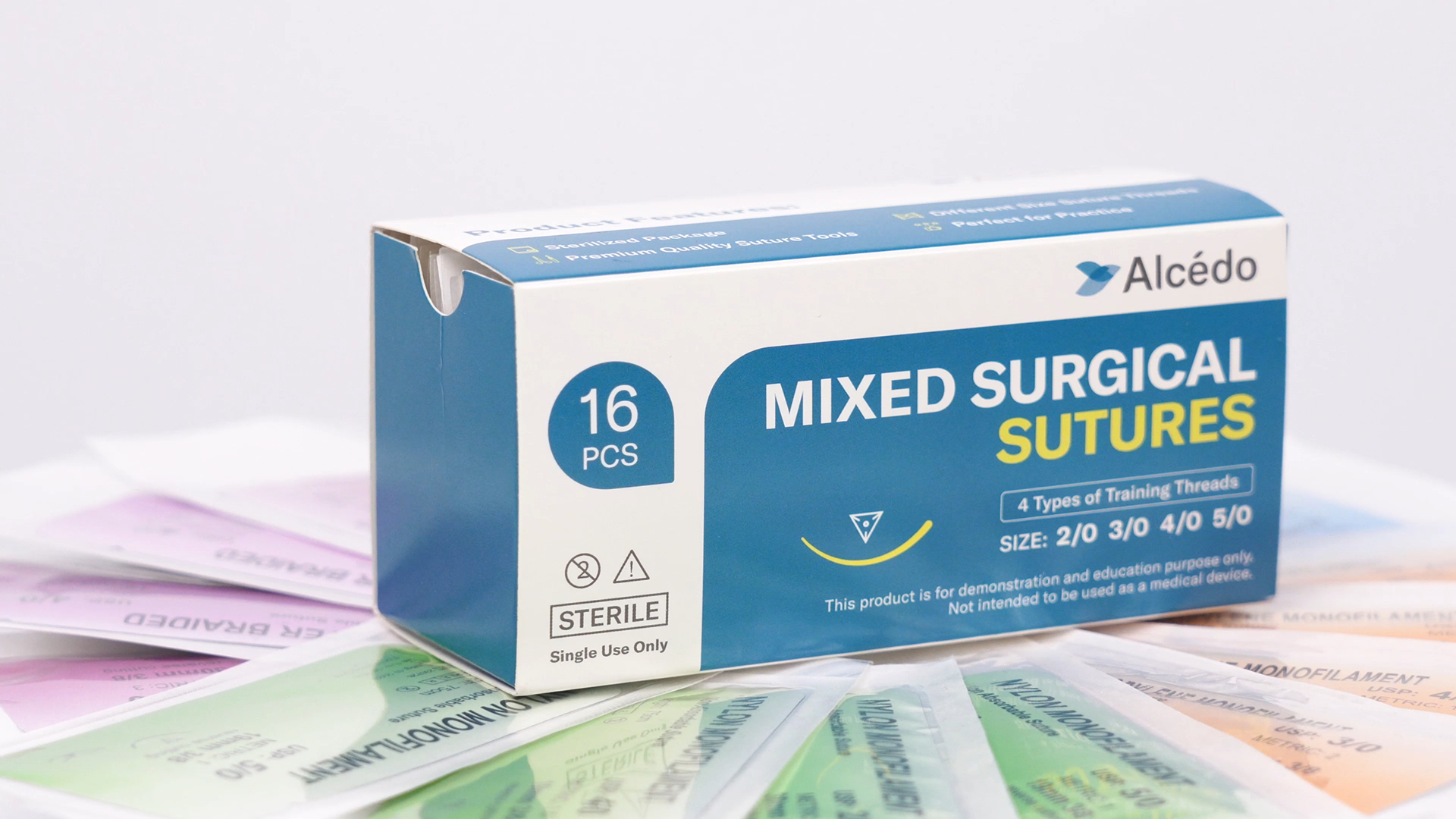Image of Alcedo Suture Thread with Needle 16 PK (2 /0, 3 /0, 4 /0, 5 /0), Non-Absorbable (Nylon, Silk, Polyester, Polypropylene) for Nursing and Students, First Aid Practice Kit Accessories, Education Only