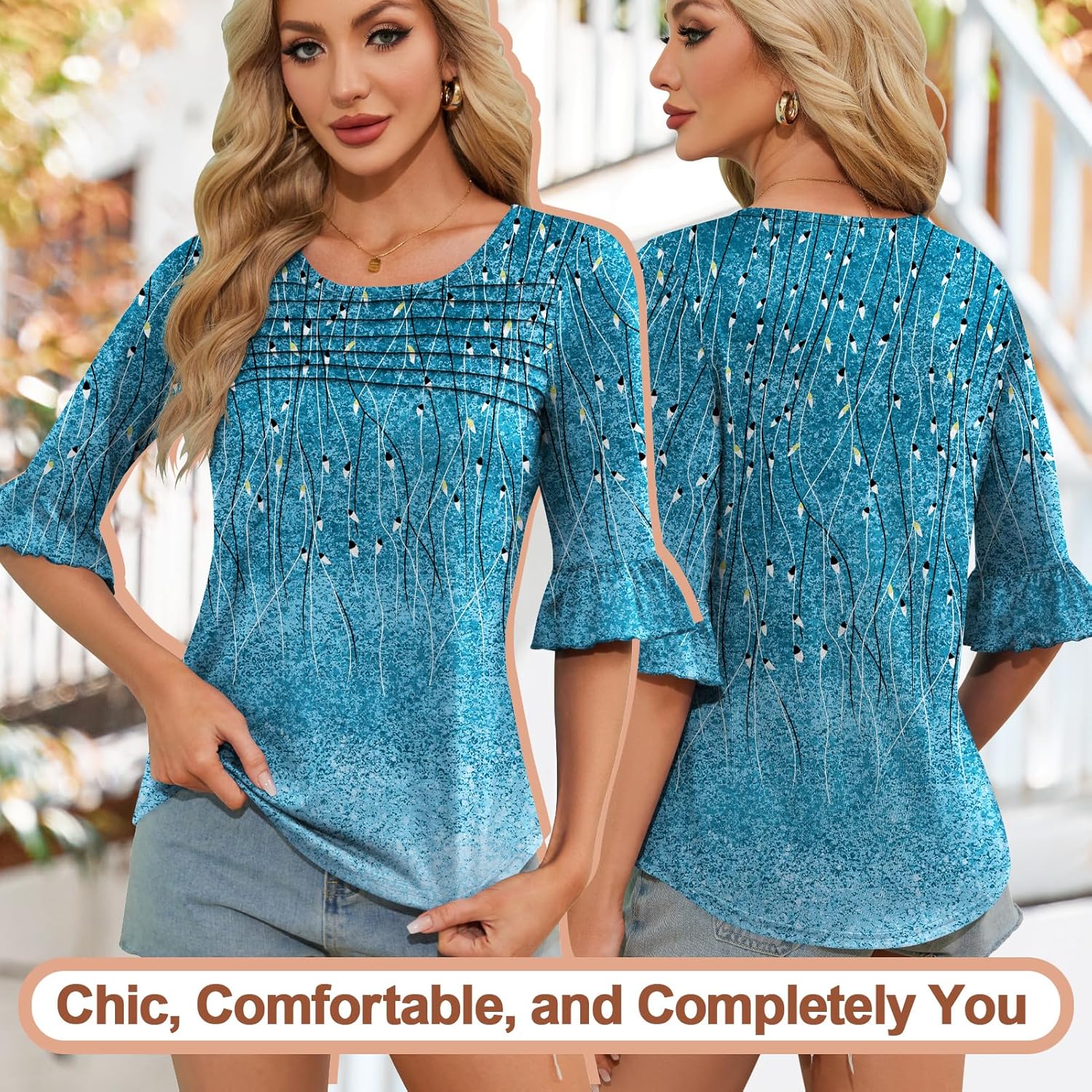 Blingfit Womens Tops 3/4 Length Sleeve Dressy Casual Shirts Bell Sleeve Front Pleated Fasion Trendy Summer Blouses 2026 - Image 2