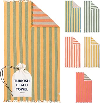 Cabana Striped Gauze Turkish Beach Towel - Large 36 x 69 | Quick Dry Beach Towel Blends Retro Style with Everyday Beach Comfort | Sand Free Design for a Clean, Carefree Day in the Sun Yellow