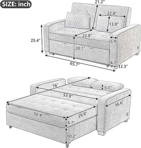 Miniatura 2 de YUNLife Sofá cama extraíble, gris carbón de 65.7 pulgadas de ancho + 2 almohadas y puerto de carga USB dual