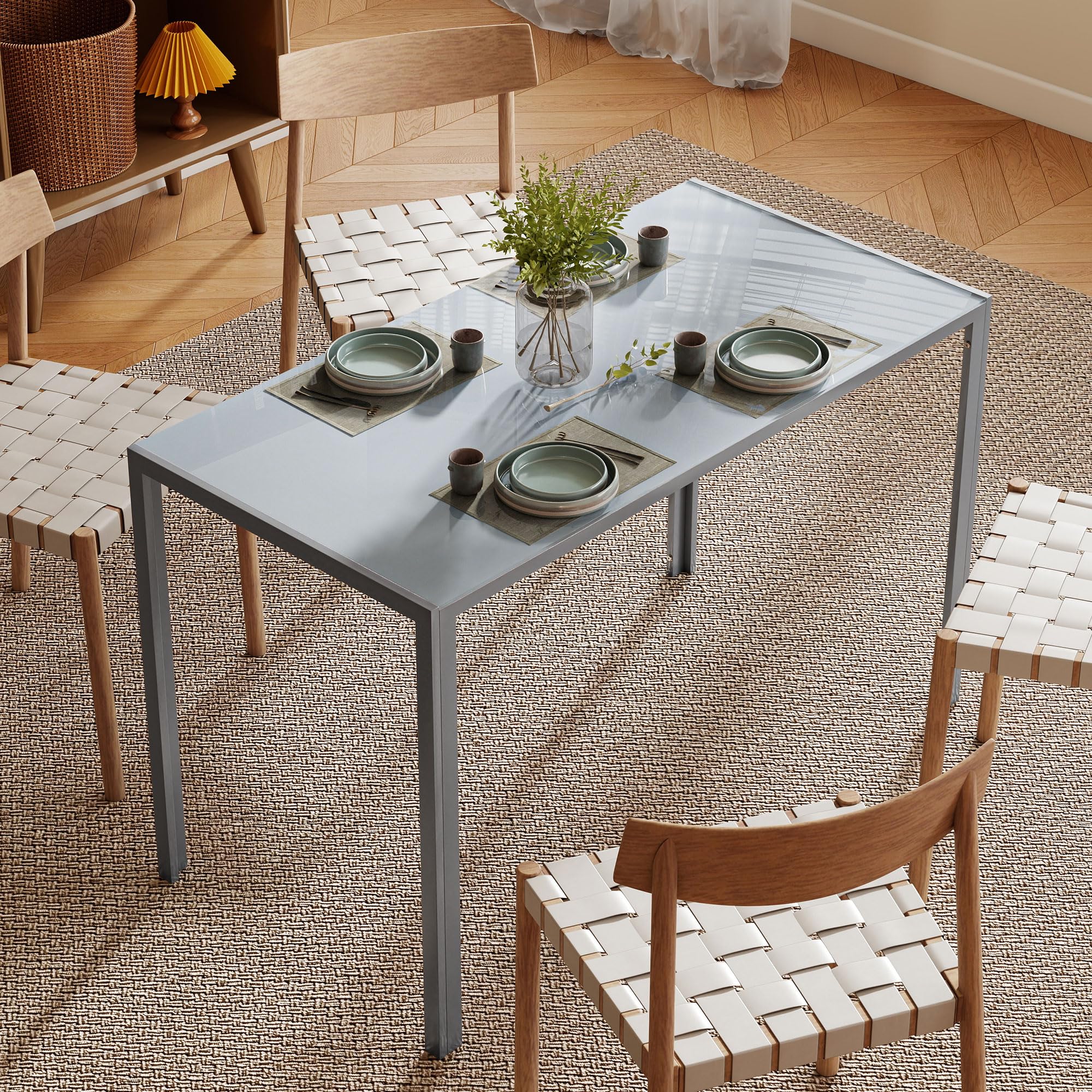 HOMCOM Mesa de Comedor de Cristal, Mesa Rectangular para 4-6 Personas con Patas de Metal, para Cocina, Salón, 120x60x75 cm, Gris