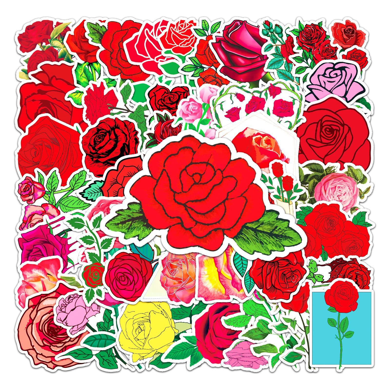 50 Stück Rosen Stickers Niedliche Trendy Blume Aufkleber für Wasserflasche Laptop Skateboard Scrapbooking Handy Auto Fahrrad Gepäck, wasserdichte Vinyl Aufkleber für Teenager Kinder Erwachsene