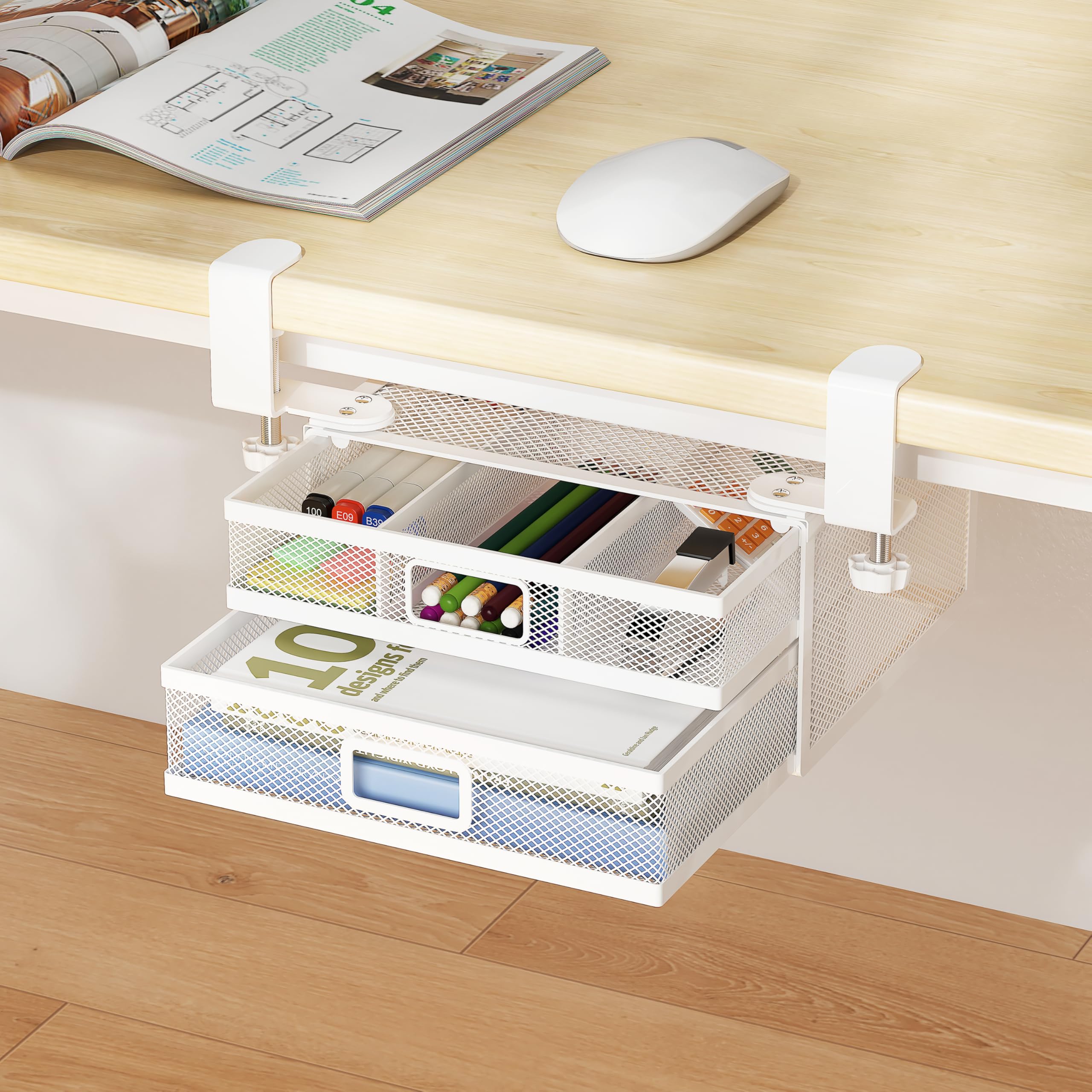 ROLIZOE Sliding Under Desk Drawer Organizer No Drilling 2 Drawers Slide Out Desktop Or Under Table Storage Metal Clamp On Desk Drawer Attachment Anti-Slip Desktop Organizer for Home & Office, White