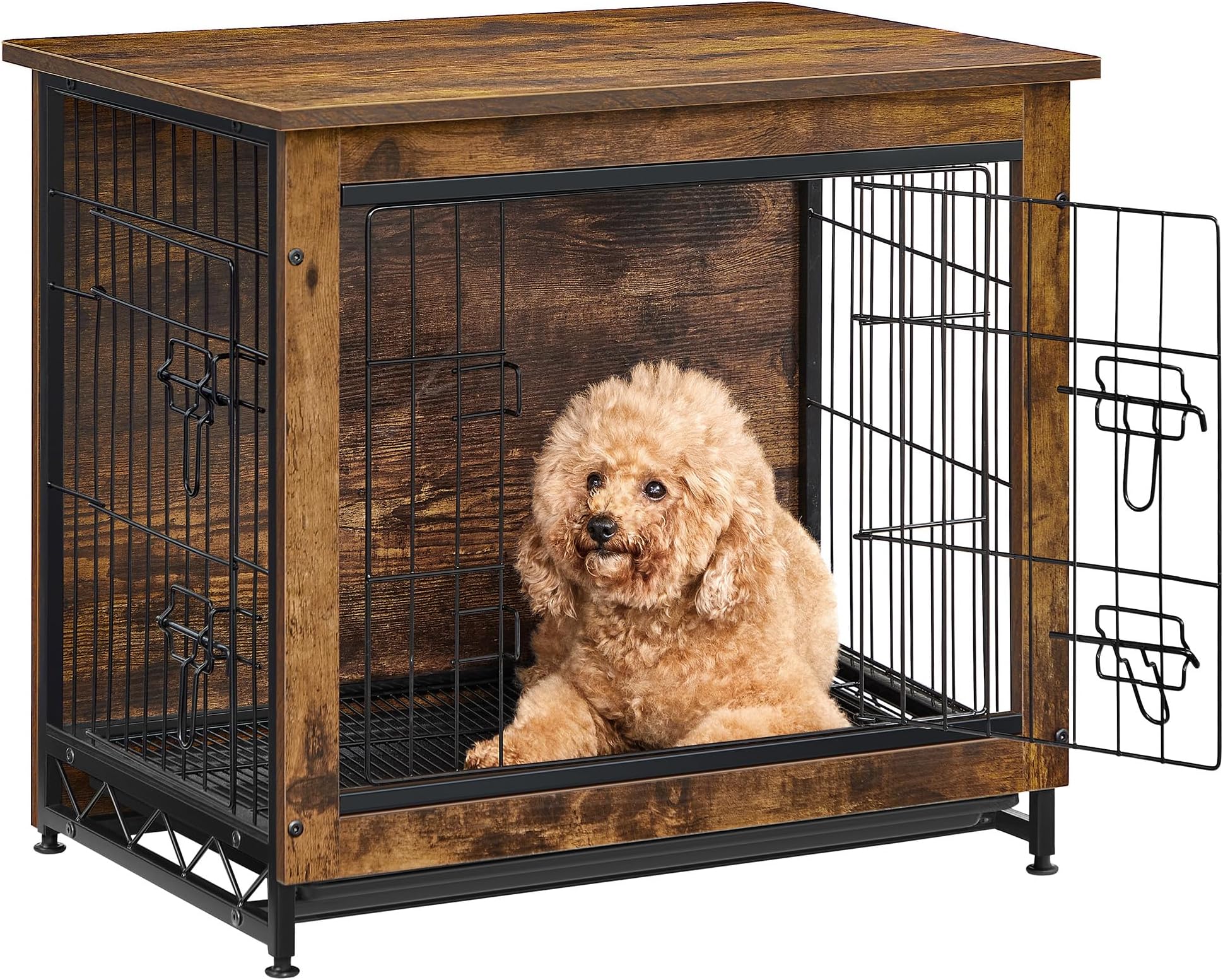 Feandrea Dog Crate Furniture, 27.2" Side End Table, Modern Kennel for Dogs Indoor up to 30 lb, Heavy-Duty Dog Cage with Multi-Purpose Removable Tray, Double-Door Dog House, Rustic Brown UPFC001X01