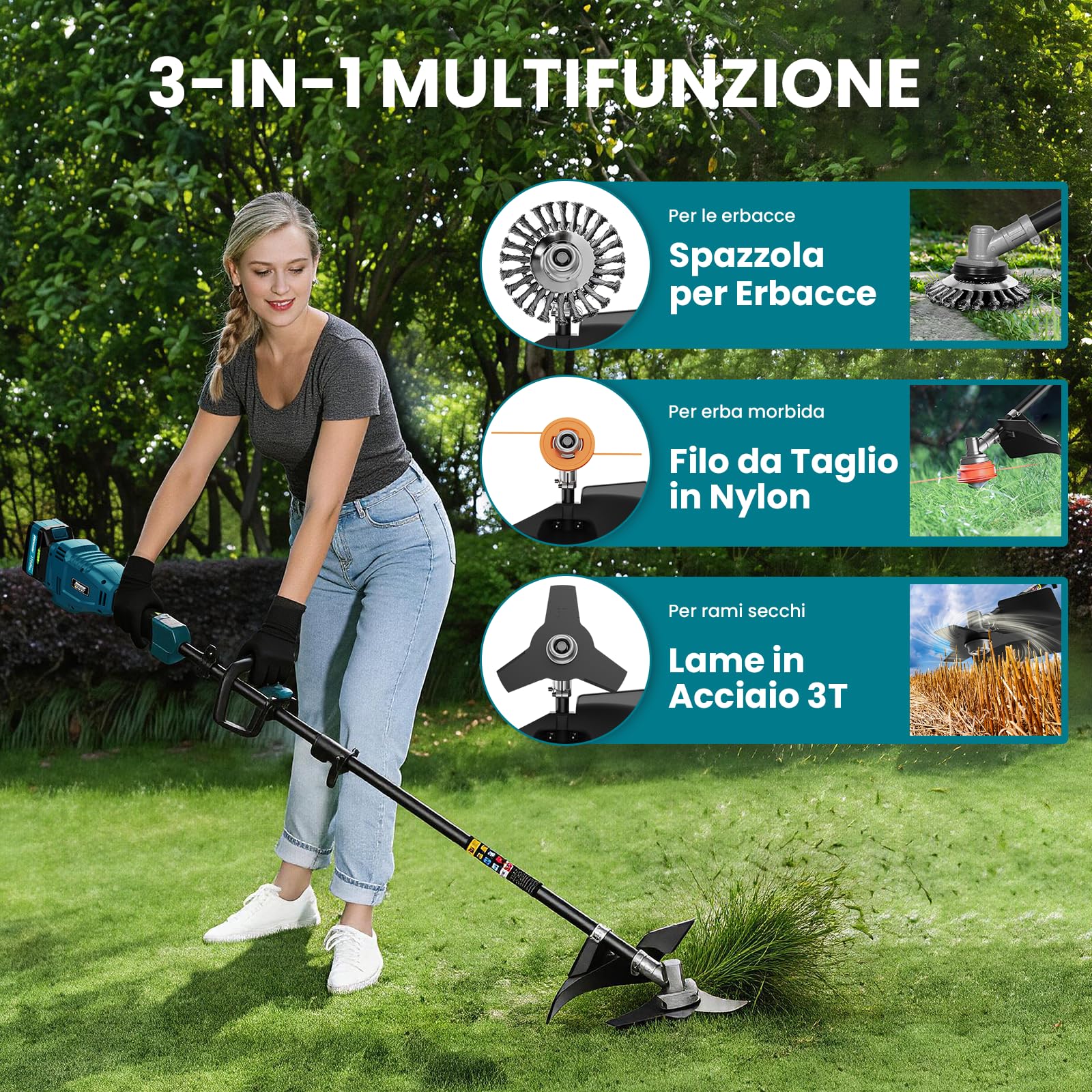 Decespugliatore a Batteria Brushless 26 cm 2x5200mAh 8000/12000 Giri/min Asta Regolabile 3 Lame