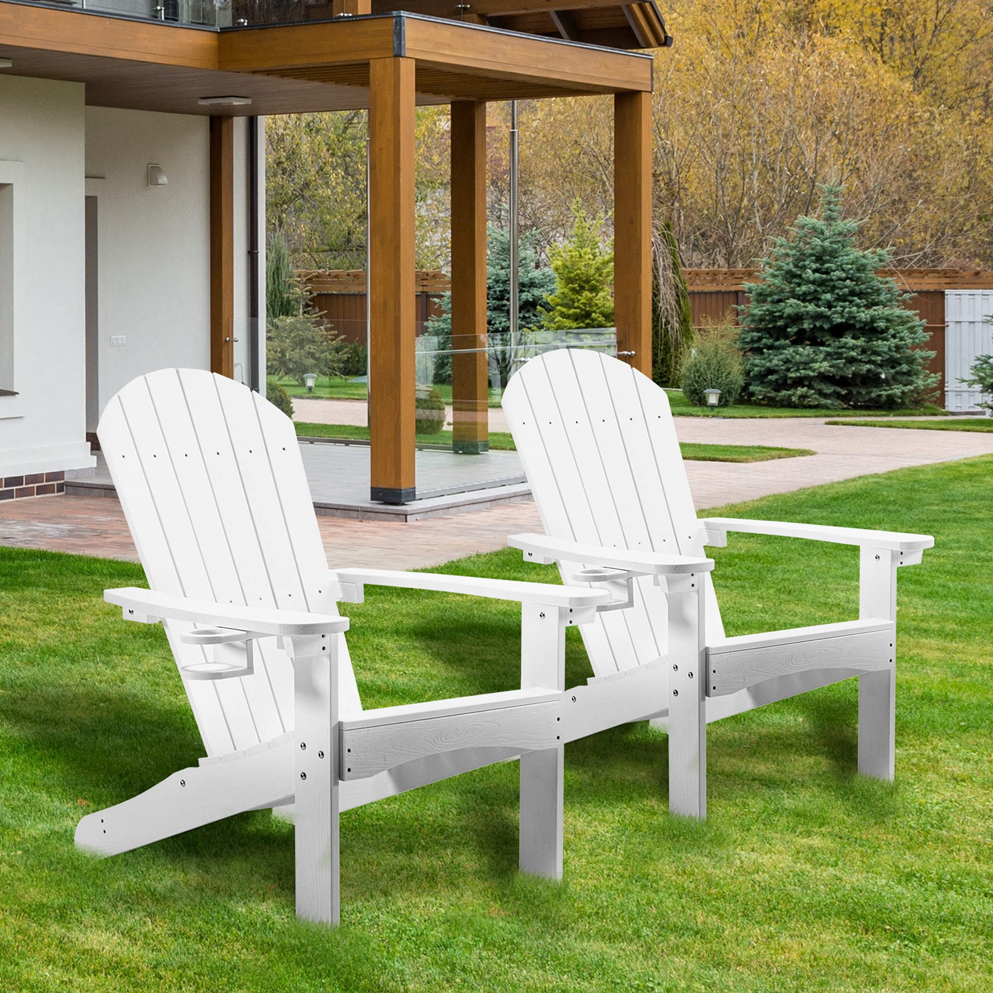 LUE BONA Adirondack Chairs Set of 2, White Poly Adirondack Chairs with Cup Holder, 300LBS Modern Adirondack Chair Weather Resistant, Outdoor Patio Chair for Fire Pit, Patio, Law, Balcony, Backyard
