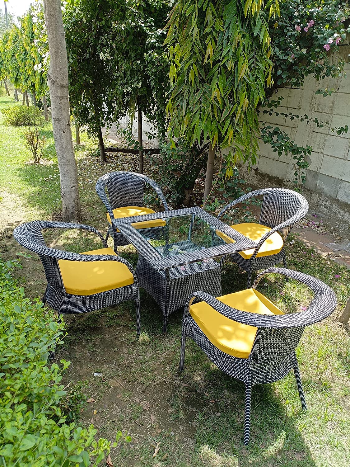 ZEROLINE D-8 5-Piece Outdoor Wicker Furniture Set (4 Chairs & 1 Table) | UV Resistant PE Rattan | Powder Coated Steel Frame | Patio, Garden, Balcony & Indoor | with Cushions | Black & Yellow-image-33