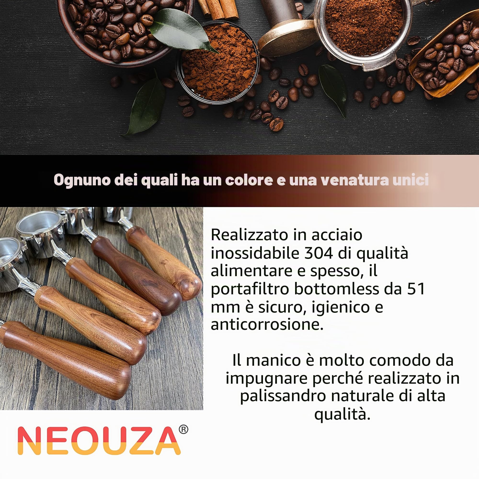NEOUZA Portafiltro per espresso da 51 mm, compatibile con macchina da caffè DeLonghi Dedica EC680 EC685 ECF01, cestello non pressurizzato, doppio beccuccio (3 orecchie)