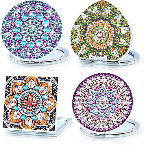 SPOKKI Espejo compacto de pintura de diamante, espejo de bolsillo para bricolaje con cubierta de pintura de diamante de mandala, diseño de bolso