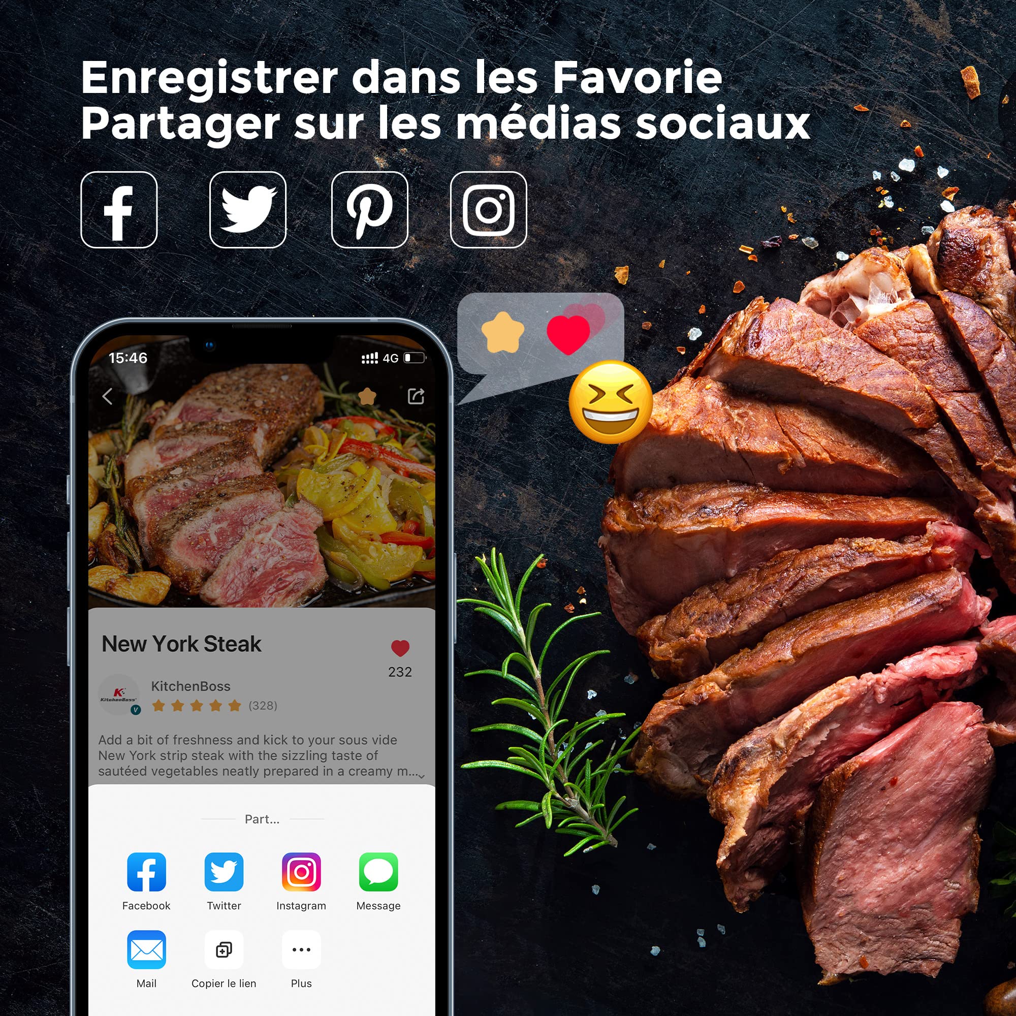 KitchenBoss Thermoplongeur WLAN Cuiseur Sous Vide: G330 Wifi Cuisson Sous Vide, 1100W,IPX7 Imperméable à l'eau d'Immersion de Cuisinière Thermostat Réglable APP Contrôle, Acier inoxydable, Noir