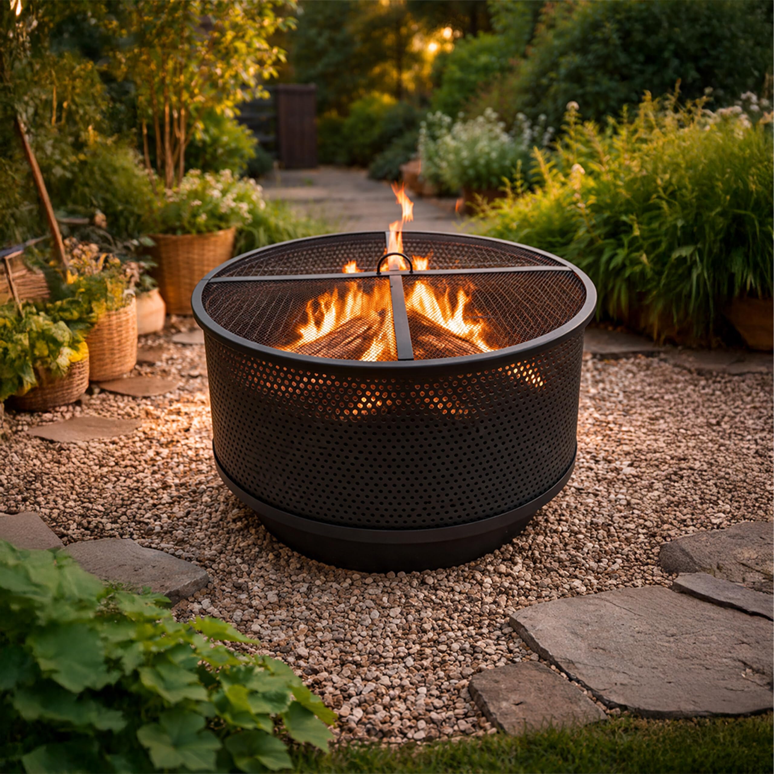 Relaxdays Braciere Ø 61 cm, con griglia, parascintille e attizzatoio, 3 in 1 da Giardino, Nero