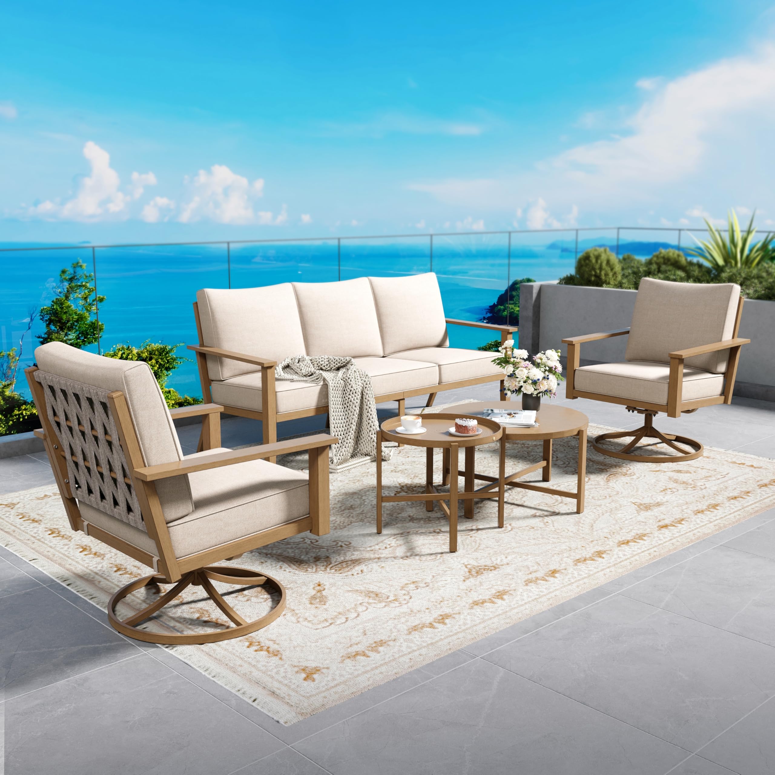 Patio Conversation Set 5 Pcs Metal Outdoor Furniture with 3-Seater Sofa 2 Swivel Chairs Metal Nested Table and