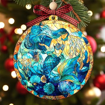 Mermaid Ornament with Stained Glass Effect Ocean Suncatcher Hanging Decoration for Christmas Tree, Coastal Beach Nautical Home Decor, Sea Life Gift for Women Girls