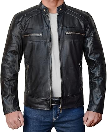 LP-FACON black leather jacket men - vintage racer jacket - slim fit leather jacket - mens leather jacket