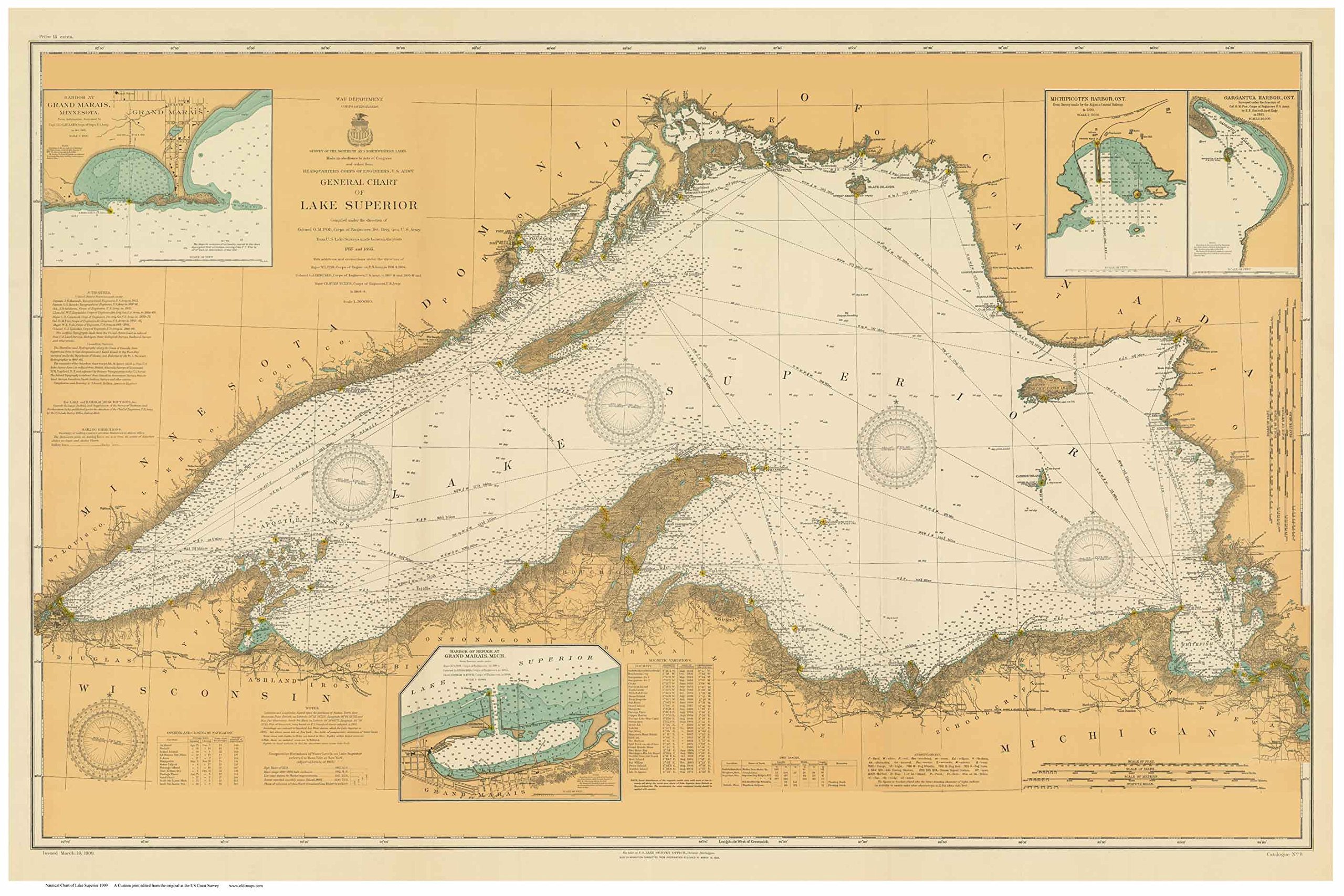 Lake Superior 1909 Nautical Map Print - Great Lakes 009 Ed 2:3 Custom