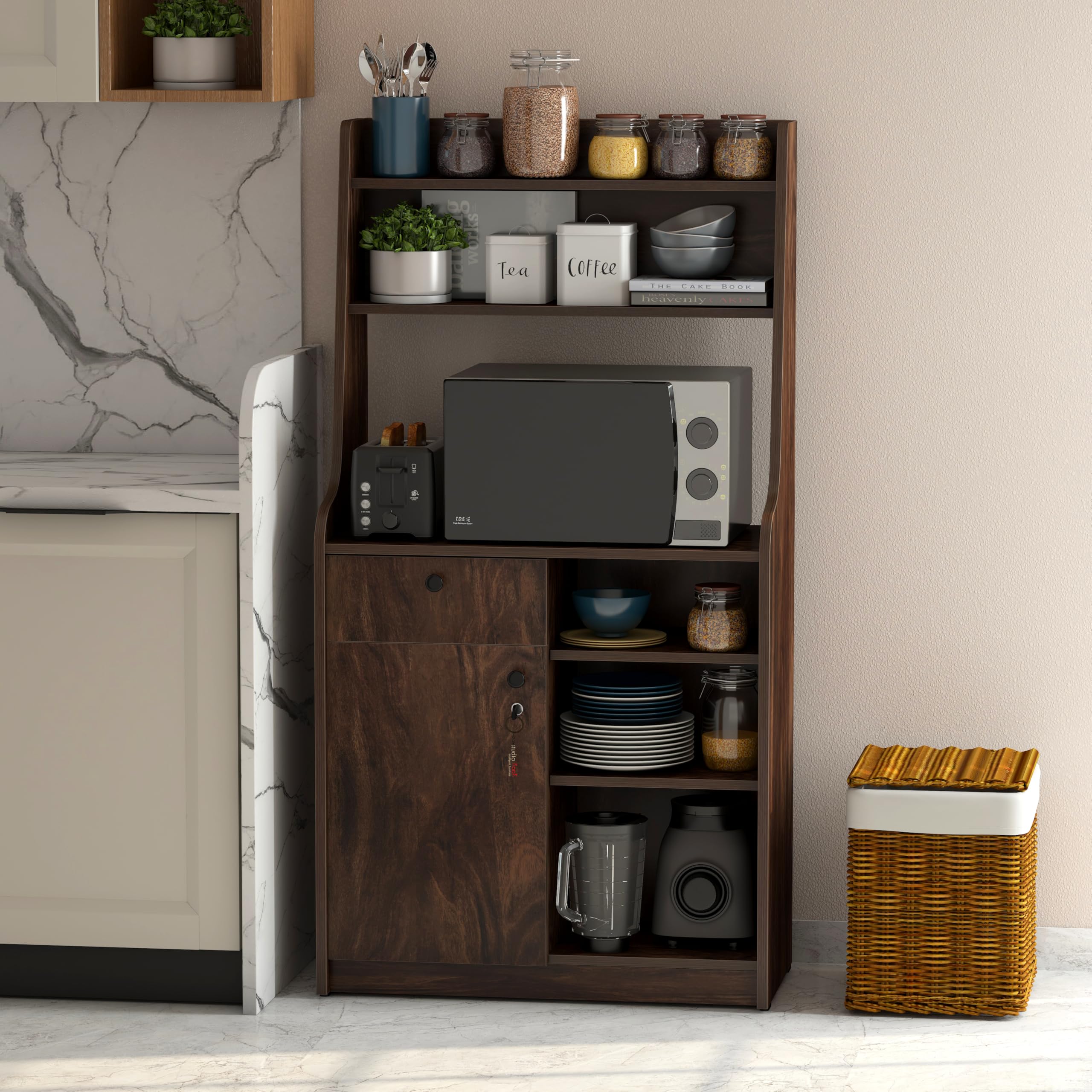Studio Kook Bianco Kitchenmate Modern Kitchen Storage Cabinet, 130cm Height, with Shelves and Drawer (Junglewood)-image-35