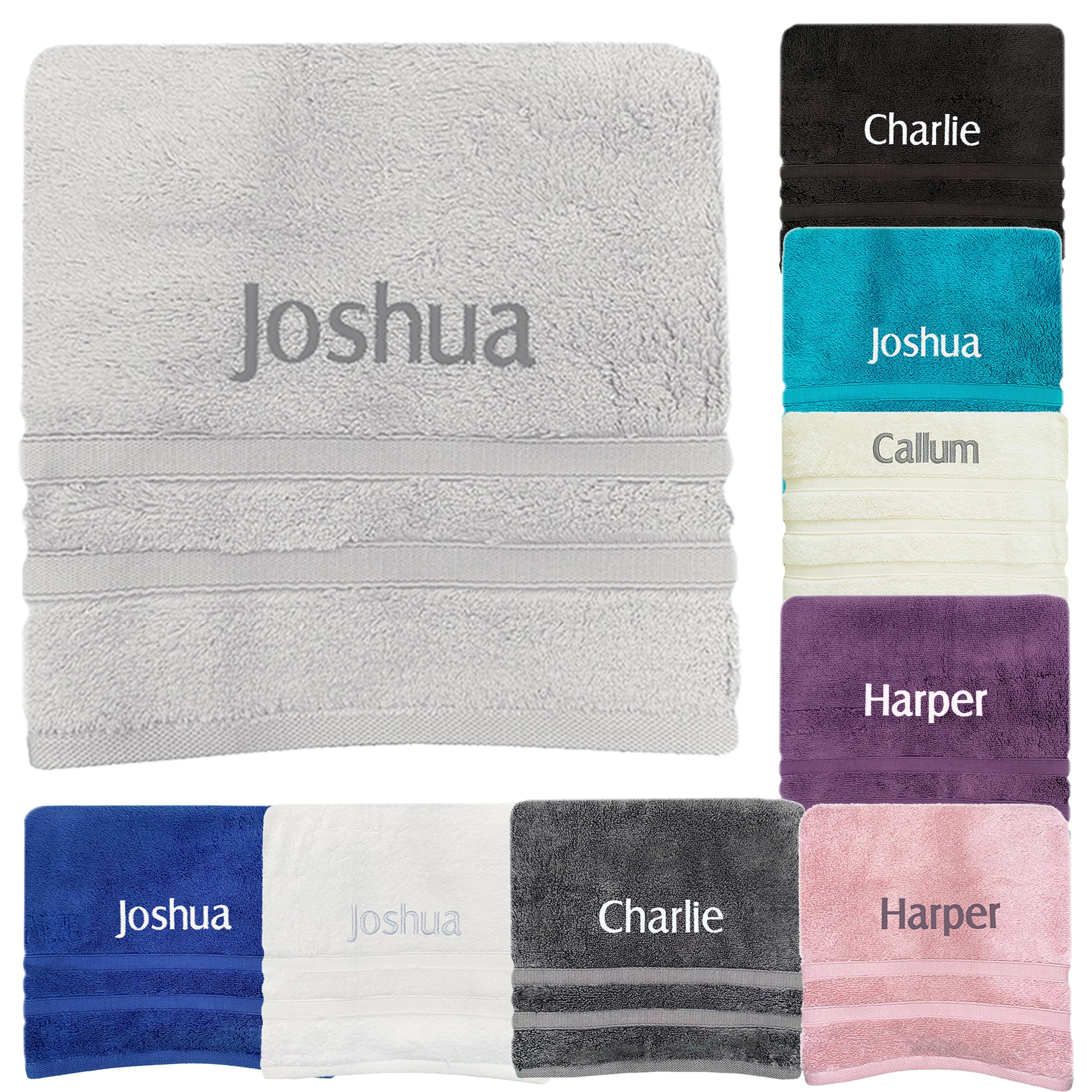 JJLC Personalised Towels Sets Bath Hand Bath Embroidered Name (Light Grey, Jumbo Bath Sheet)