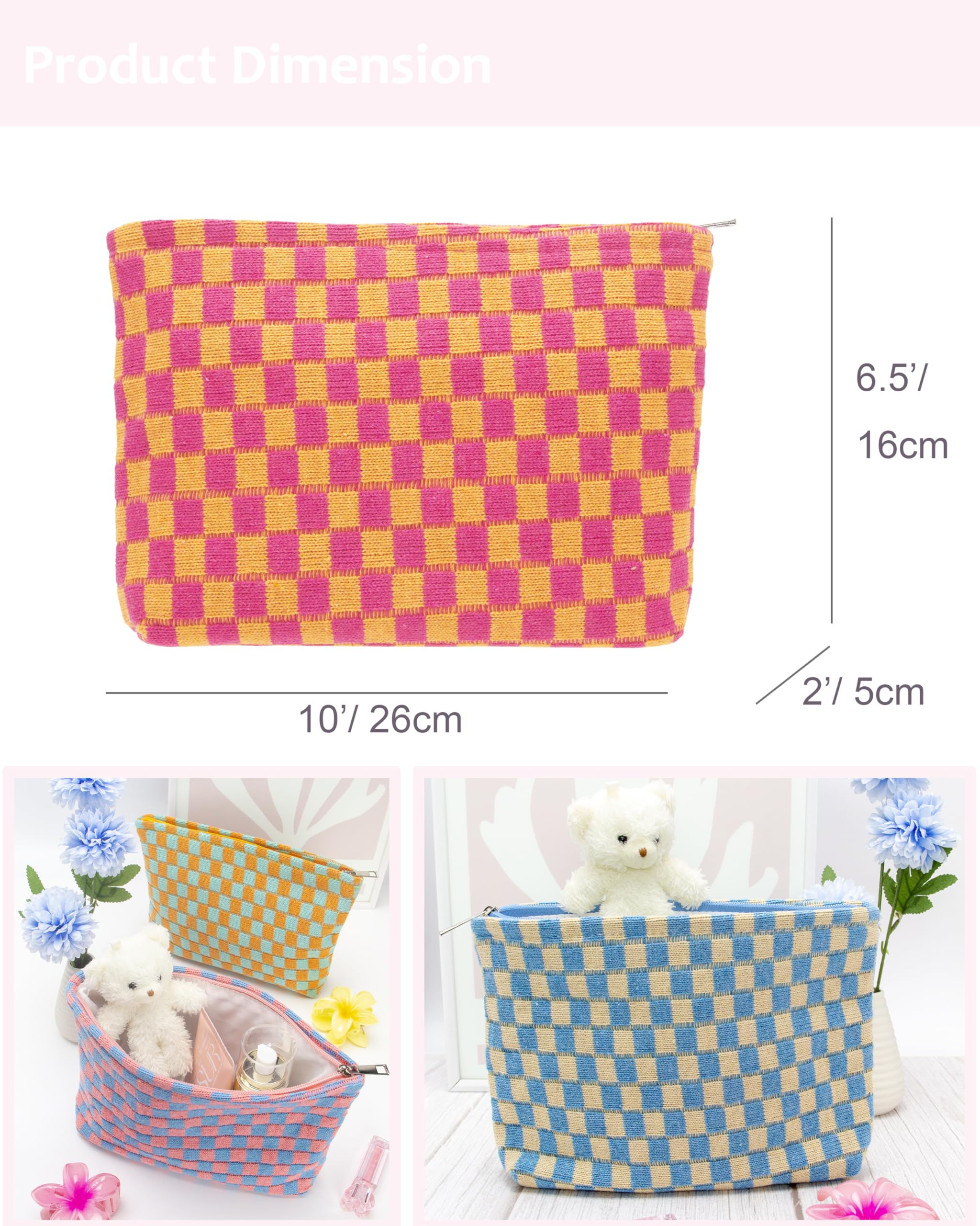 PAZIMIIK Karierte Make-up-Tasche für Geldbörse, tragbar, mit Reißverschluss, kleine Kosmetiktasche für Reisezubehör, Rot, Orange, 1PCS FLAT POUCH, Gestrickt
