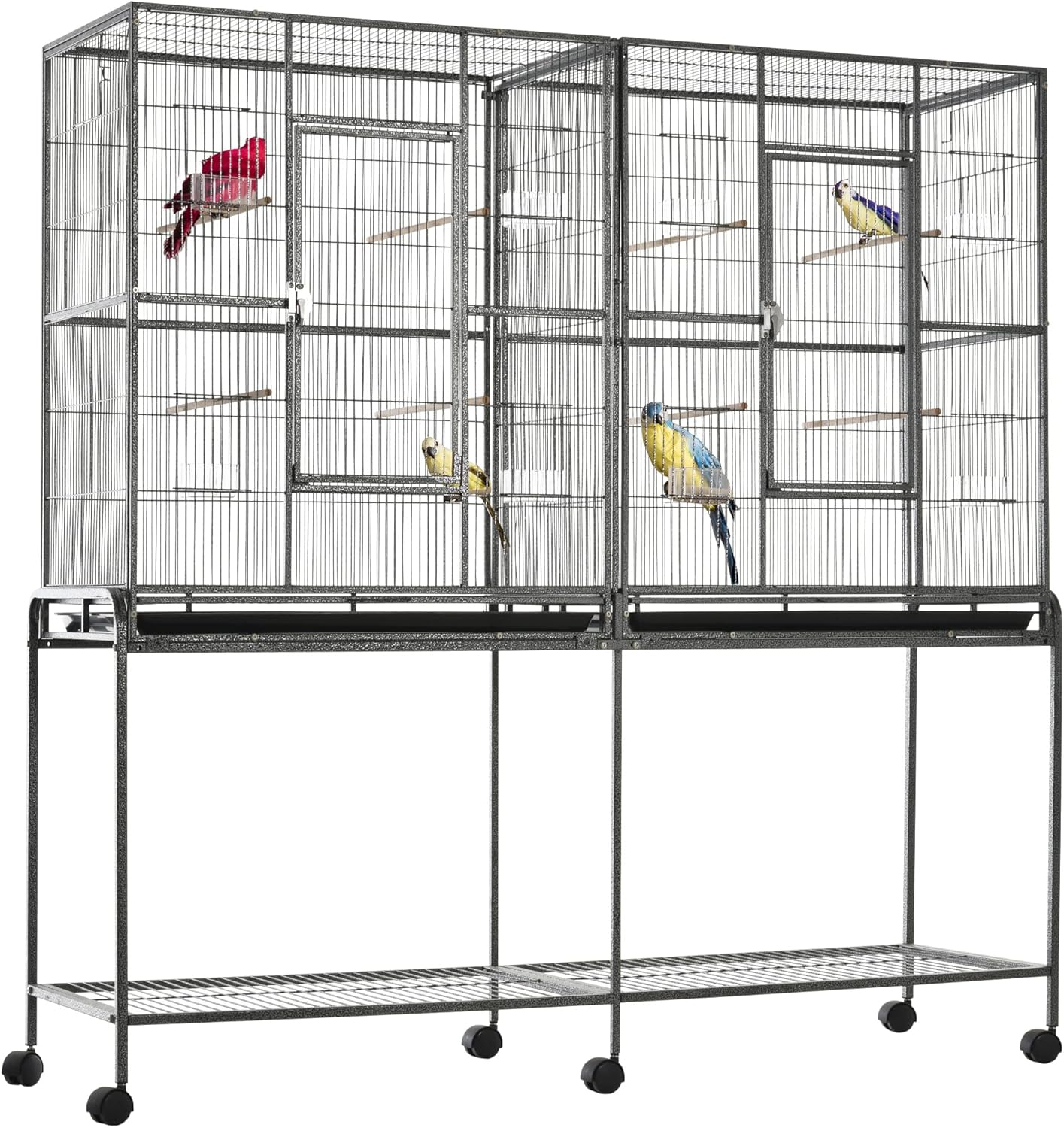 PawHut 65" Double Rolling Metal Bird Cage Feeder with Detachable Rolling Stand, Storage Shelf, Wood Perch & Food Container : Pet Supplies