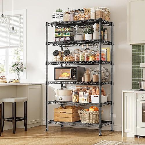 Miniatura 2 de REIBII Estantería de metal de 6 niveles, estantes de alambre resistente, estantes de despensa profundos ajustables con carga de 800 libras, estantes