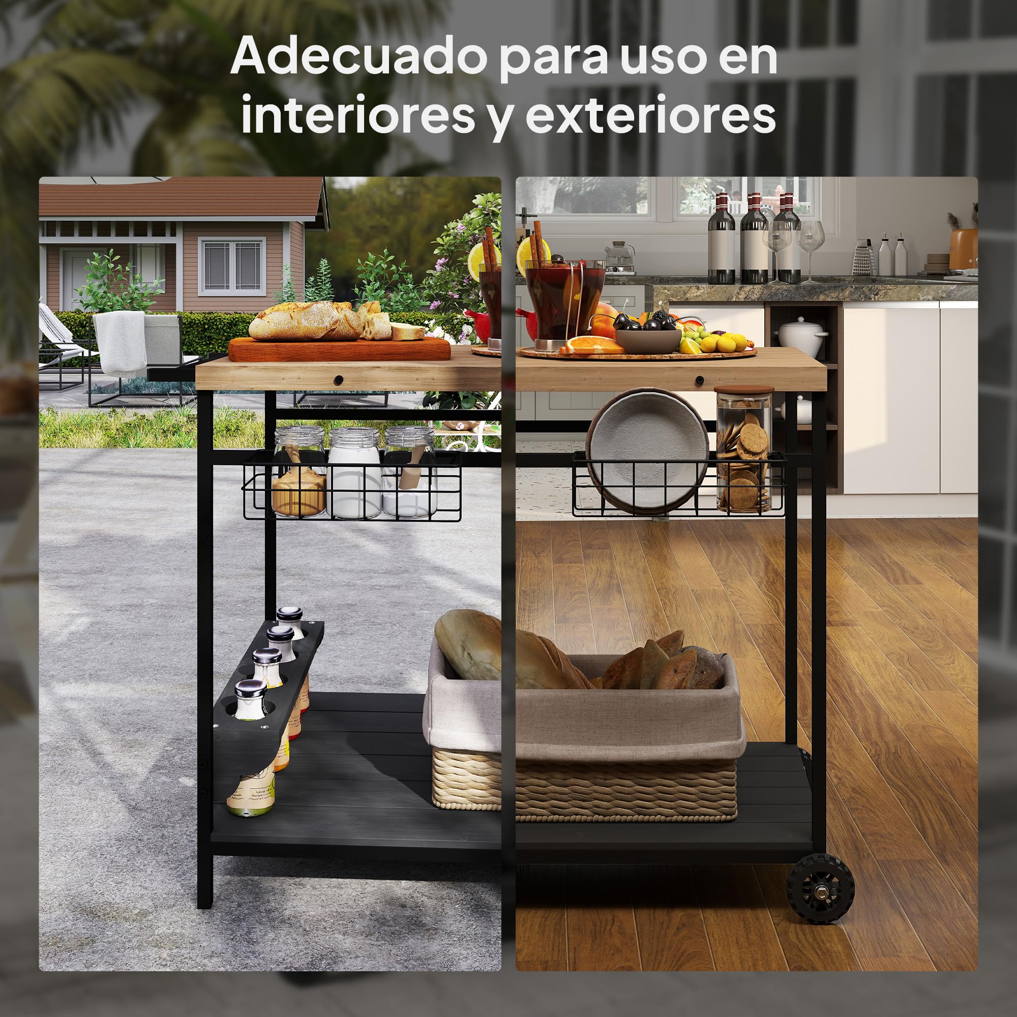 Outsunny Camarera con Ruedas de Madera Carro de Servicio con 2 Estantes 2 Cestas Metálicas y Soportes para Botellas para Jardín Terraza Patio 97,5x65x81 cm Natural y Negro