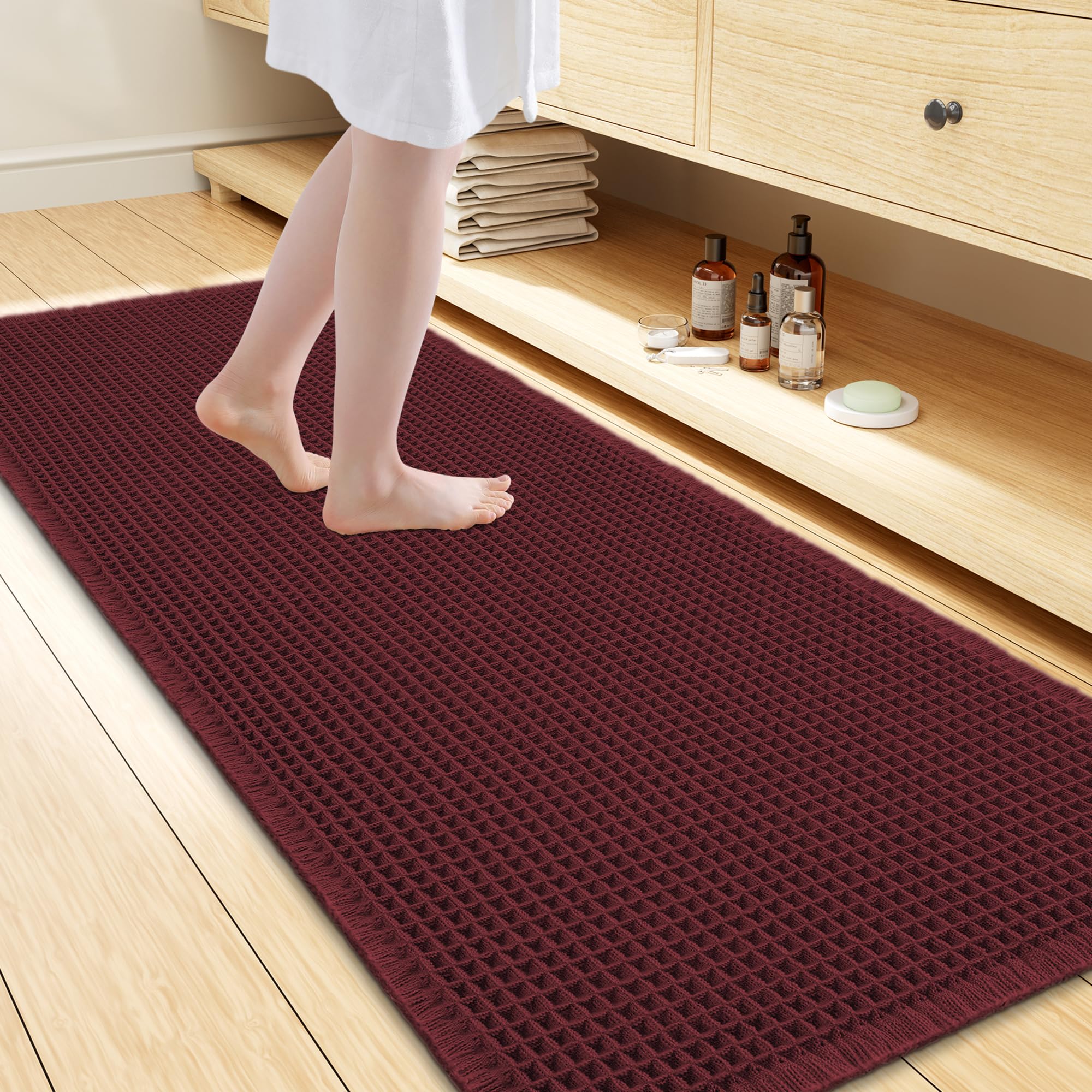 Smiry Waffle Bath Mat 60X24, Extra Soft Absorbent Bathroom Rugs, Burgundy
