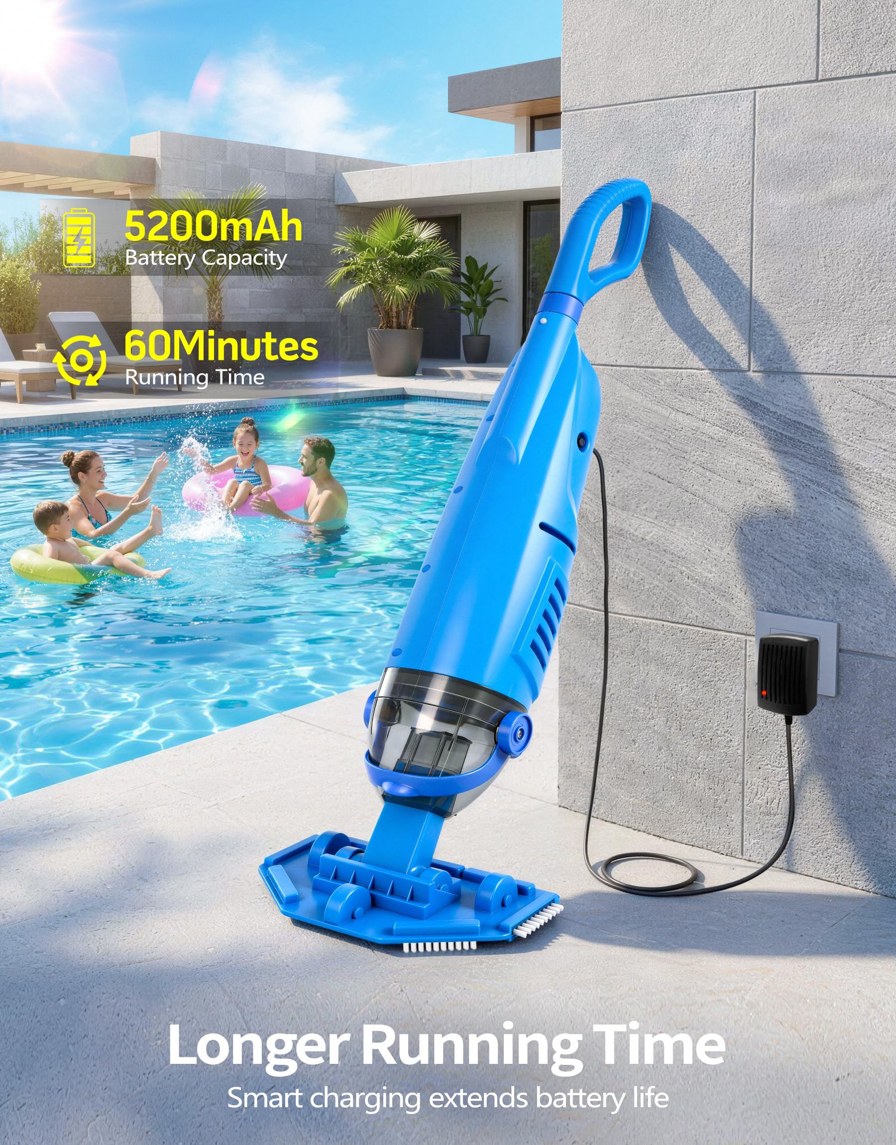 LanBlu Poolsauger Akku, Doppelbürstenköpfe Pool Staubsauger Akku mit Teleskopstange bis zu 250cm, 4200L/H Poolsauger Bodensauger mit 4 Filter,Rückflussverhinderungsdesign Pool Bodenreiniger Dunkelblau