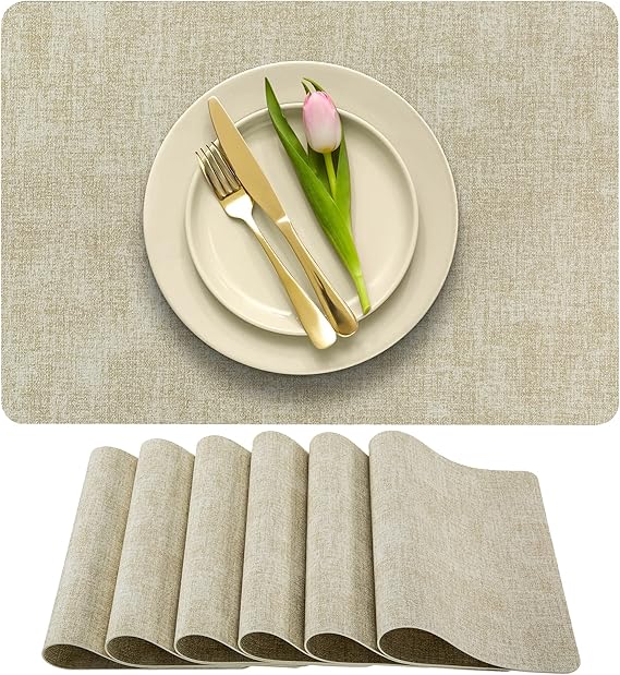 More Décor Faux Leather Placemats Set of 6 for Dining Table – Waterproof, Wipeable, Washable, Stain & Heat Resistant, Non-Slip Table Mats – 12 X 17 Inch, Beige
