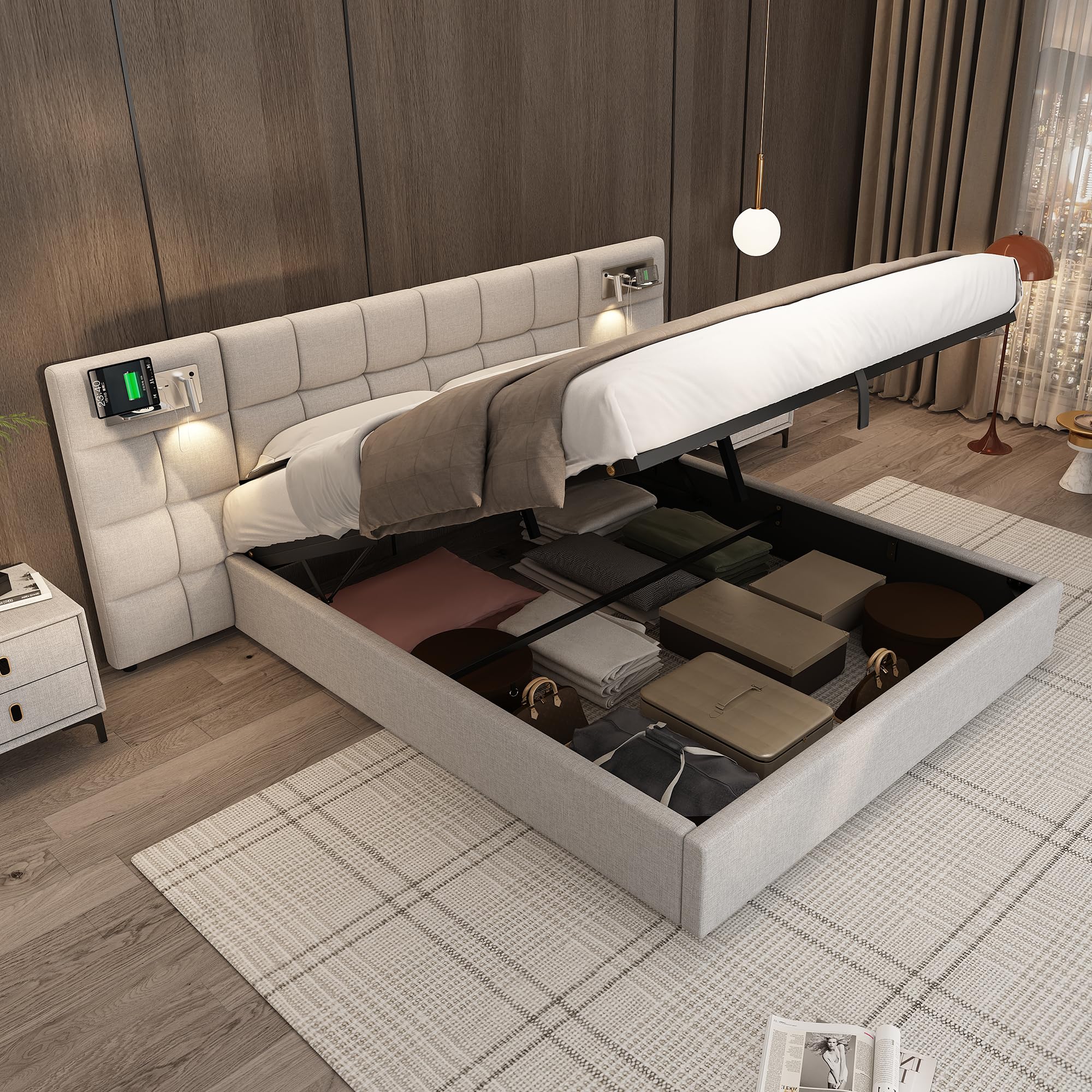 Letto Matrimoniale con Contenitore 140x200 cm con LED e USB, Letto una