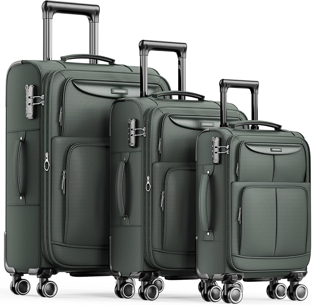 SHOWKOO Luggage Sets 3 Piece Softside Expandable Durable Suitcase Sets | Durable Oxford Fabric; Lightweight; 360°Double Spinner Wheels; TSA Lock; YKK Zippers; Army Green (20in/24in/28in)