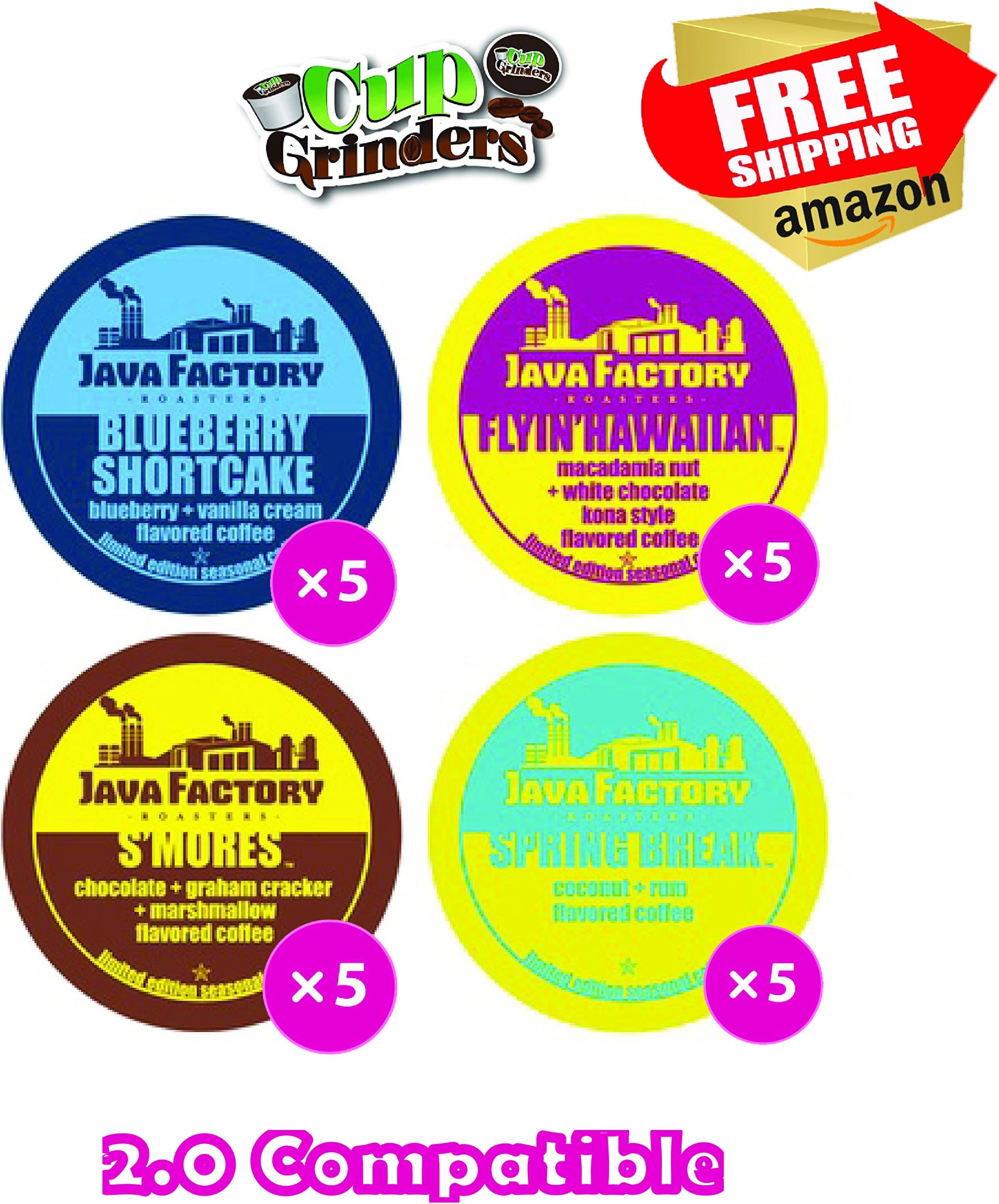 20 Count - Java Factory Seasonal Variety Pack k-cups featuring Blueberry Shortcake, Flyin' Hawaiian, Spring Break and S'mores