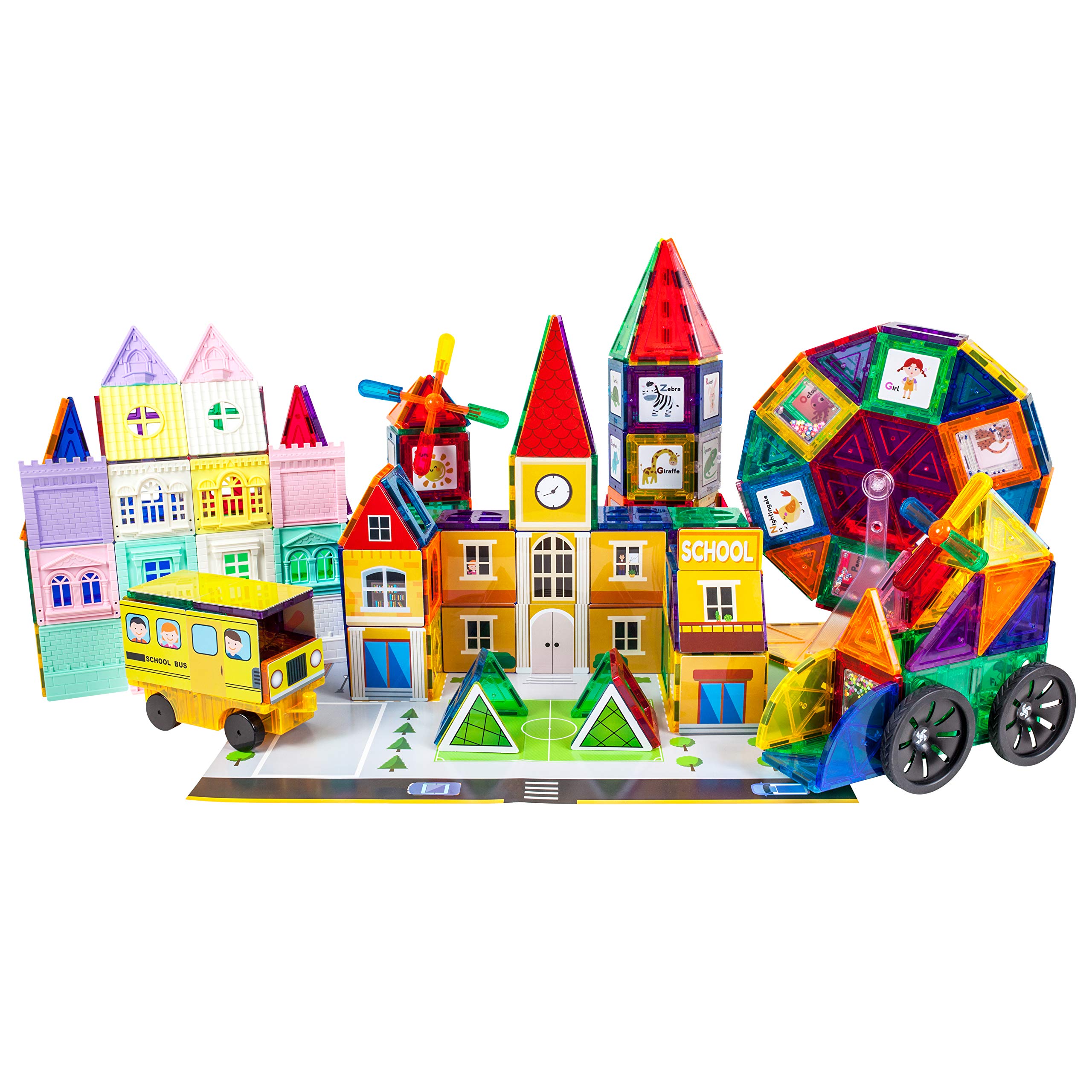 PicassoTiles Master Builder Magnetic Early Educational Toy Building Block Kit with 3 in 1 Playboard for Kid,Baby Ages 3 and Up, STEM Construction with School, Bus, Hospital, Police Station, 300 Piece