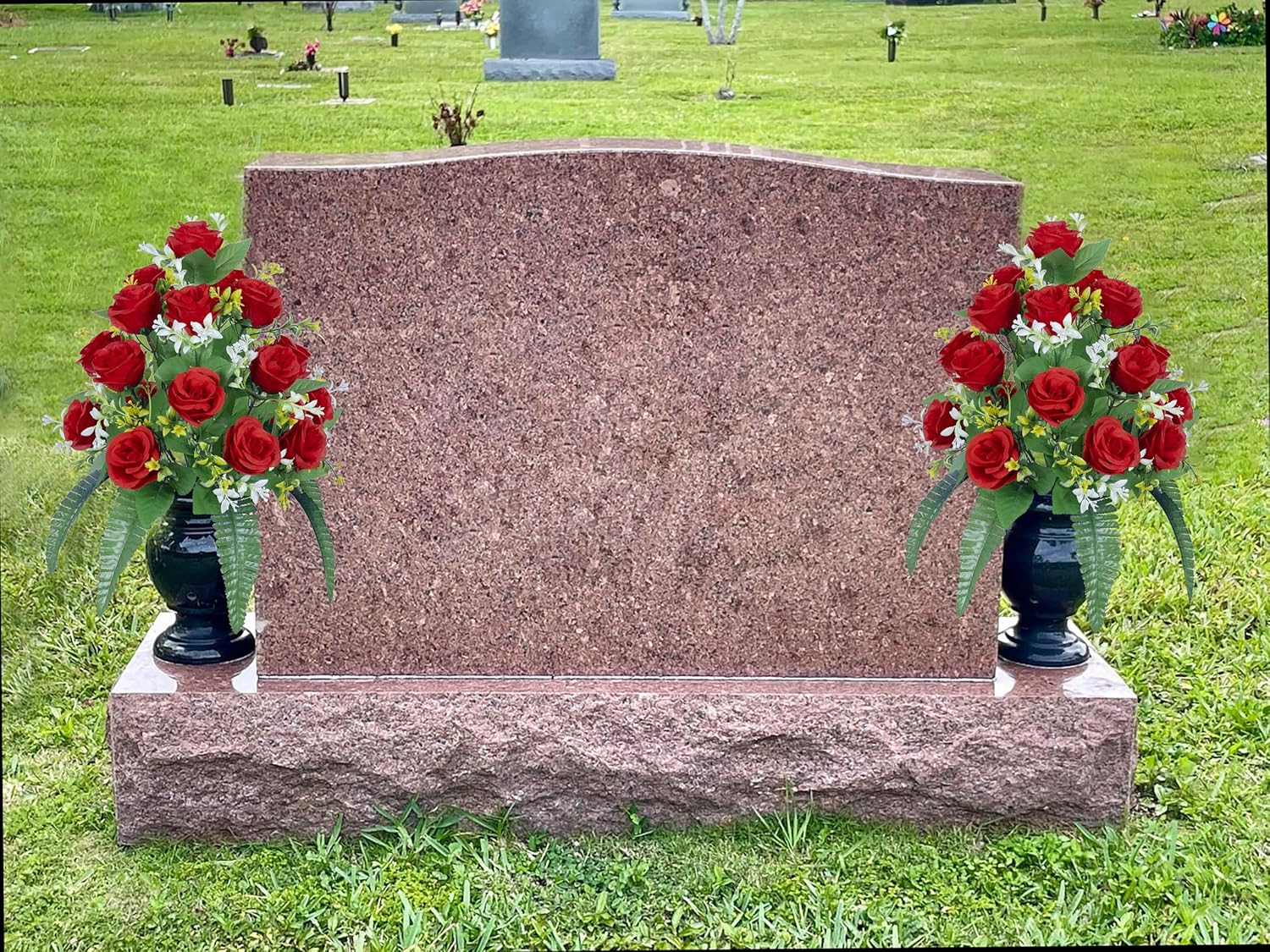 DONODA 2 Sets of Artificial Cemetery Flowers, Outdoor Grave Decorations Roses,Accompanied by 2 Long Nail Vases,Lasting and Non-Bleed Colors. (18 Heads (red)) - Image 2