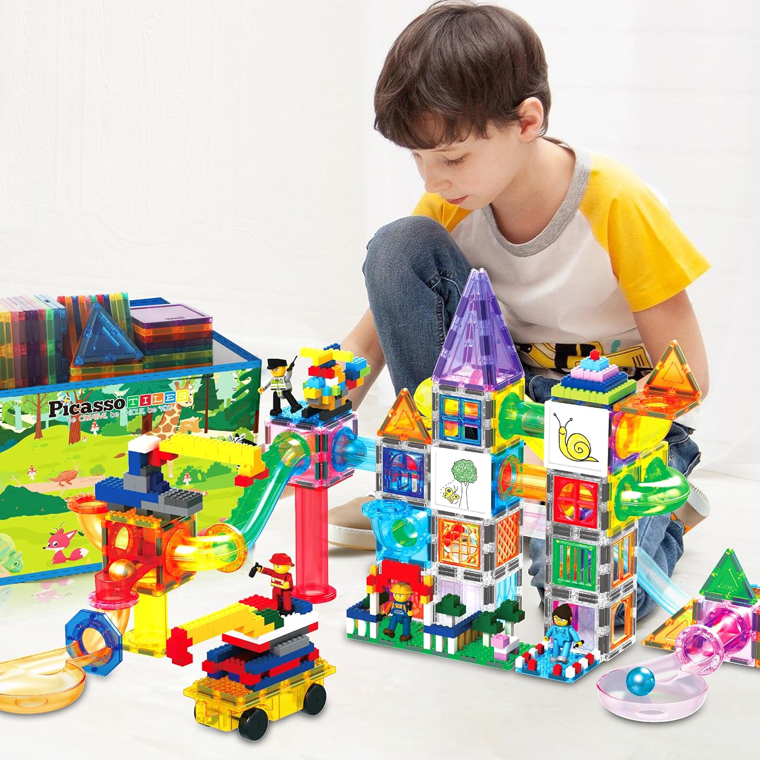 PicassoTiles 700 piece Marble Run Magnetic Tiles and Brick Combo Magnet Tile Building Blocks Construction Toddlers Toys Set with Storage Bin & Ideabook Character Action Figures STEM Kids Ages 3+ PB700