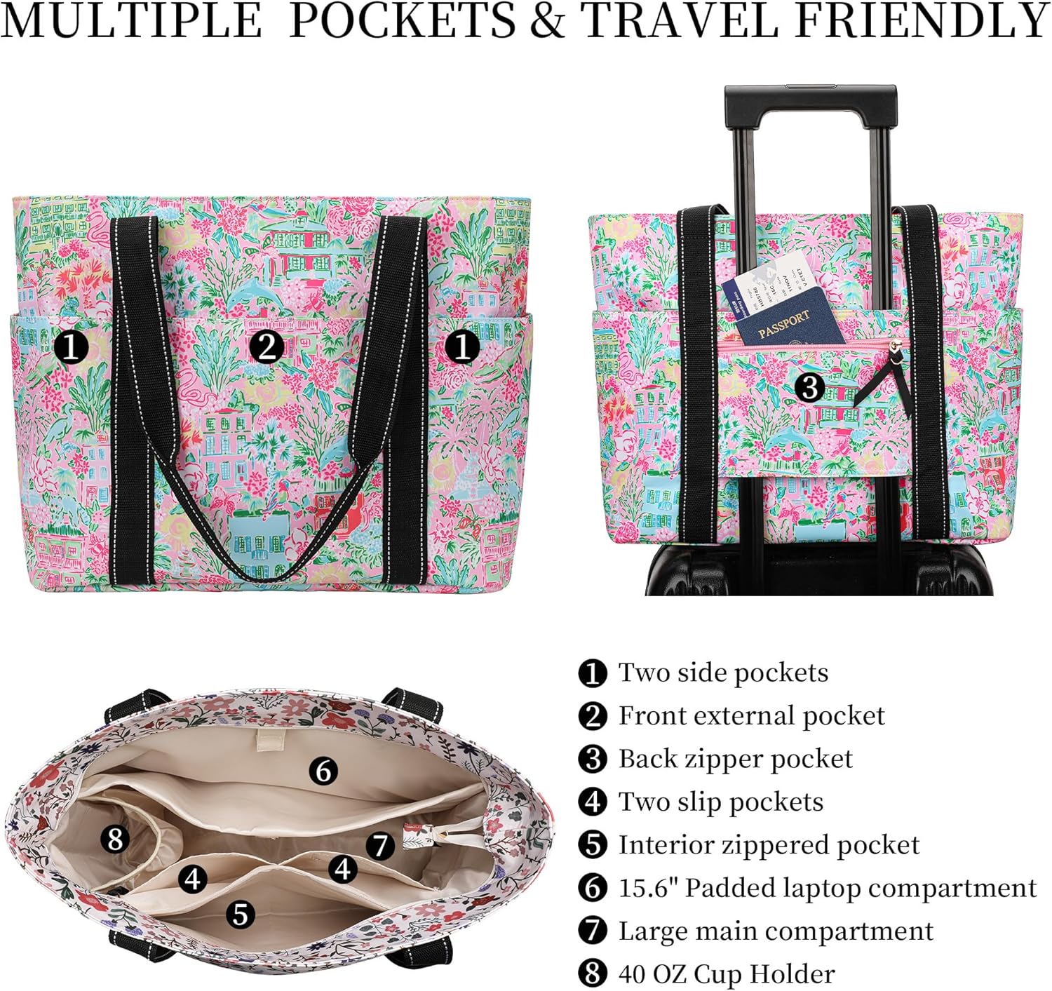 Tote Bag for Women with Laptop Compartment & Cup Holder,Nylon Bag for Work,Travel,Gym,Beach,Teacher,Nurse,School,Mom