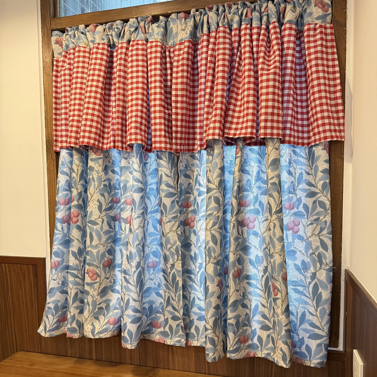Zzyk Paste Kitchen Window Valances With Red Checkered Topper Curtain,Washed Printed Linen Short Curtains For Living Room Cafe Laundry All Seasons Curtain Panels,,79" W X 59" L