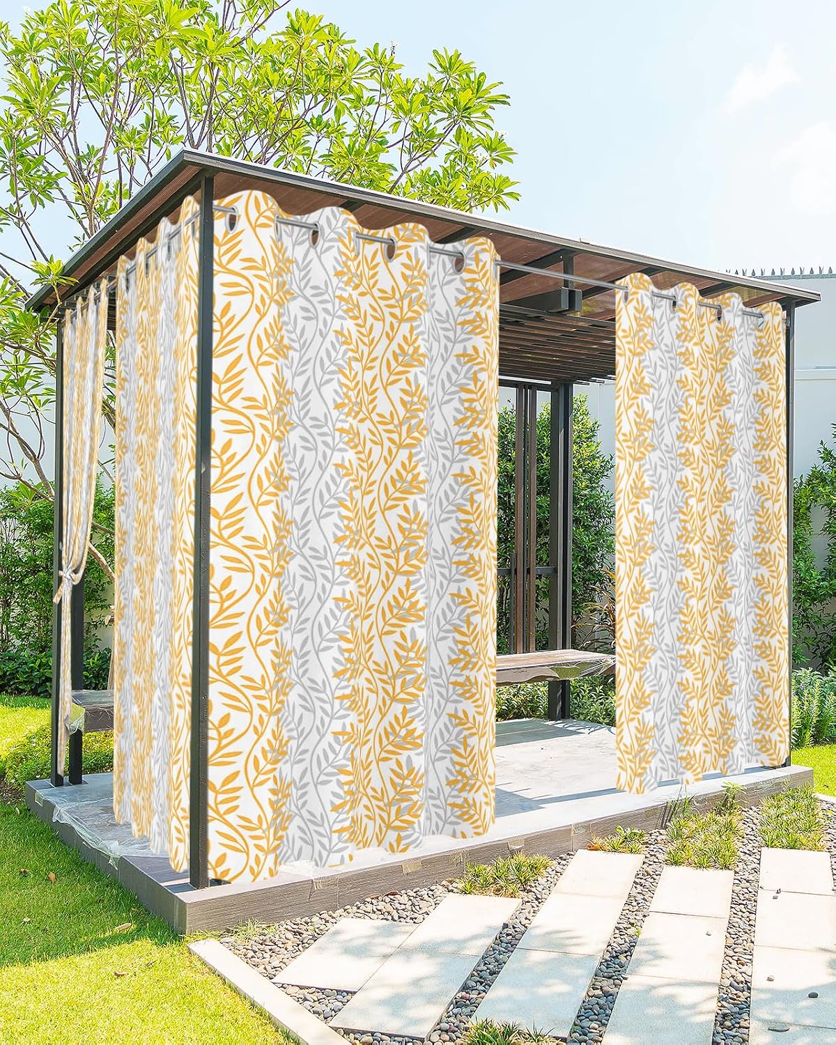 ALAGEO Outdoor Curtains Waterproof Tree Branch Waterproof Curtain for Patio Orange Grey Filtering Grommet Outside Curtains Panels for Patio Gazebo Balcony,Set of 2 54 x 84 Inch