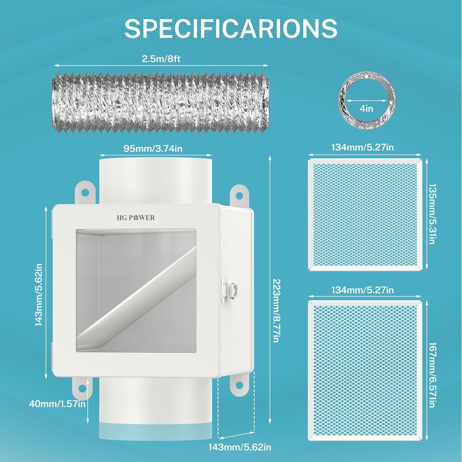Detailed diagram showing the dimensions and specifications of the dryer lint trap and its components.