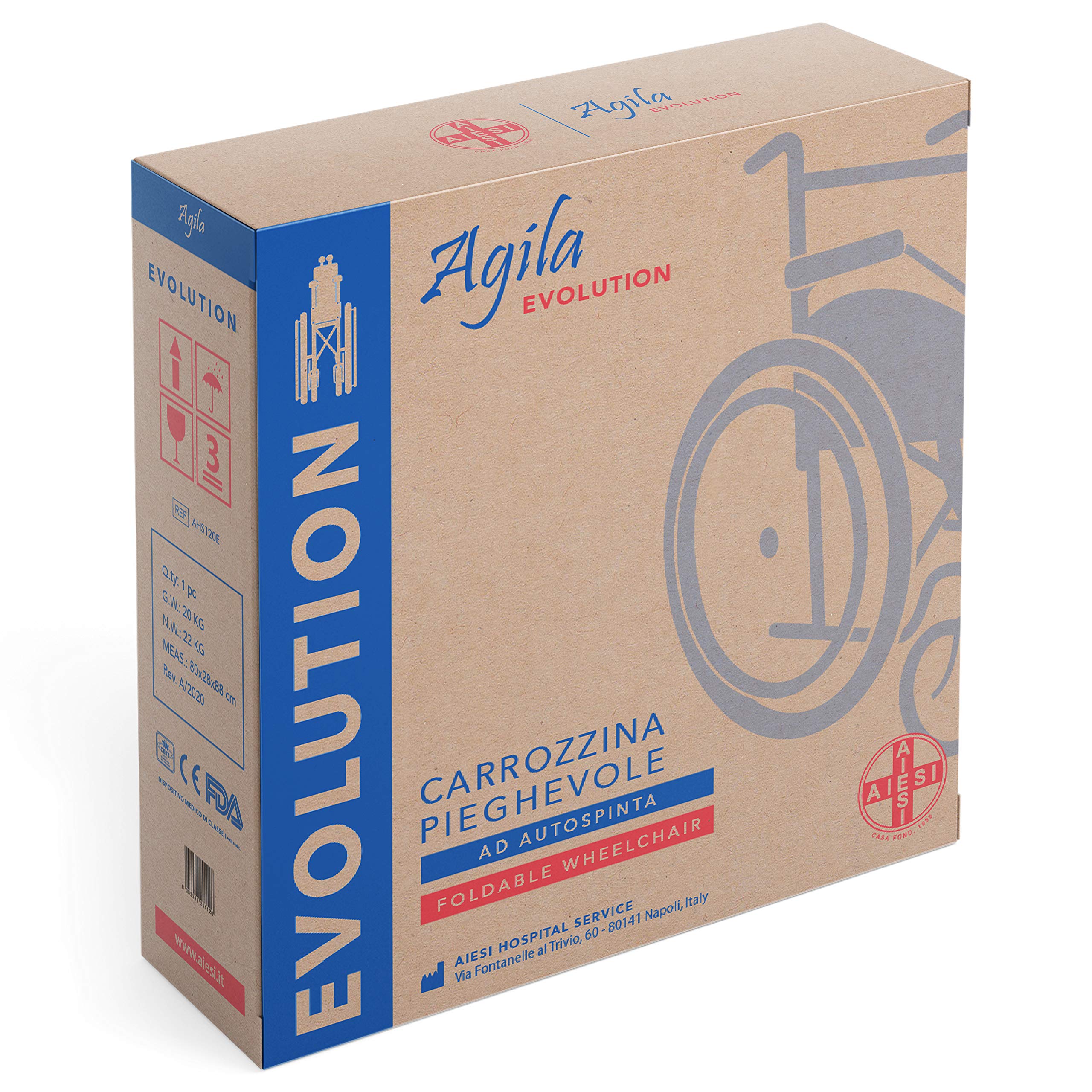 AIESI® Silla de Ruedas plegable ligera con autopropulsión para discapacitados y ancianos AGILA EVOLUTION, Reposabrazos y reposapiés extraíbles, Cinturón de seguridad, Bomba de aire, Garantía 24 meses