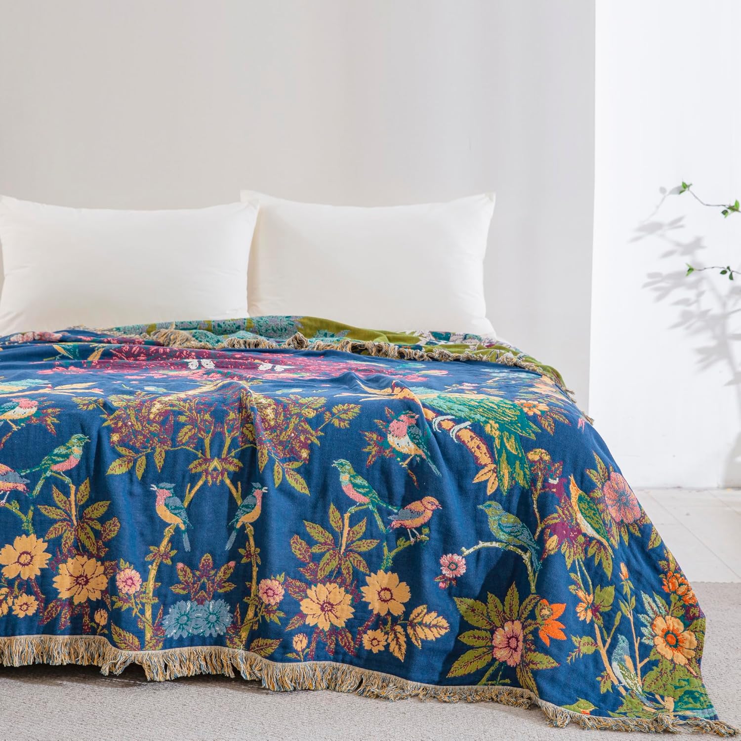 100% Cotton Boho Floral Throw Blanket, Navy Blue with Birds Pattern, Lightweight Muslin Quilt, Decorative Reversible Jacquard Fringed Farmhouse Blanket for Home, Picnic, Travel, 60"x80" - Image 8
