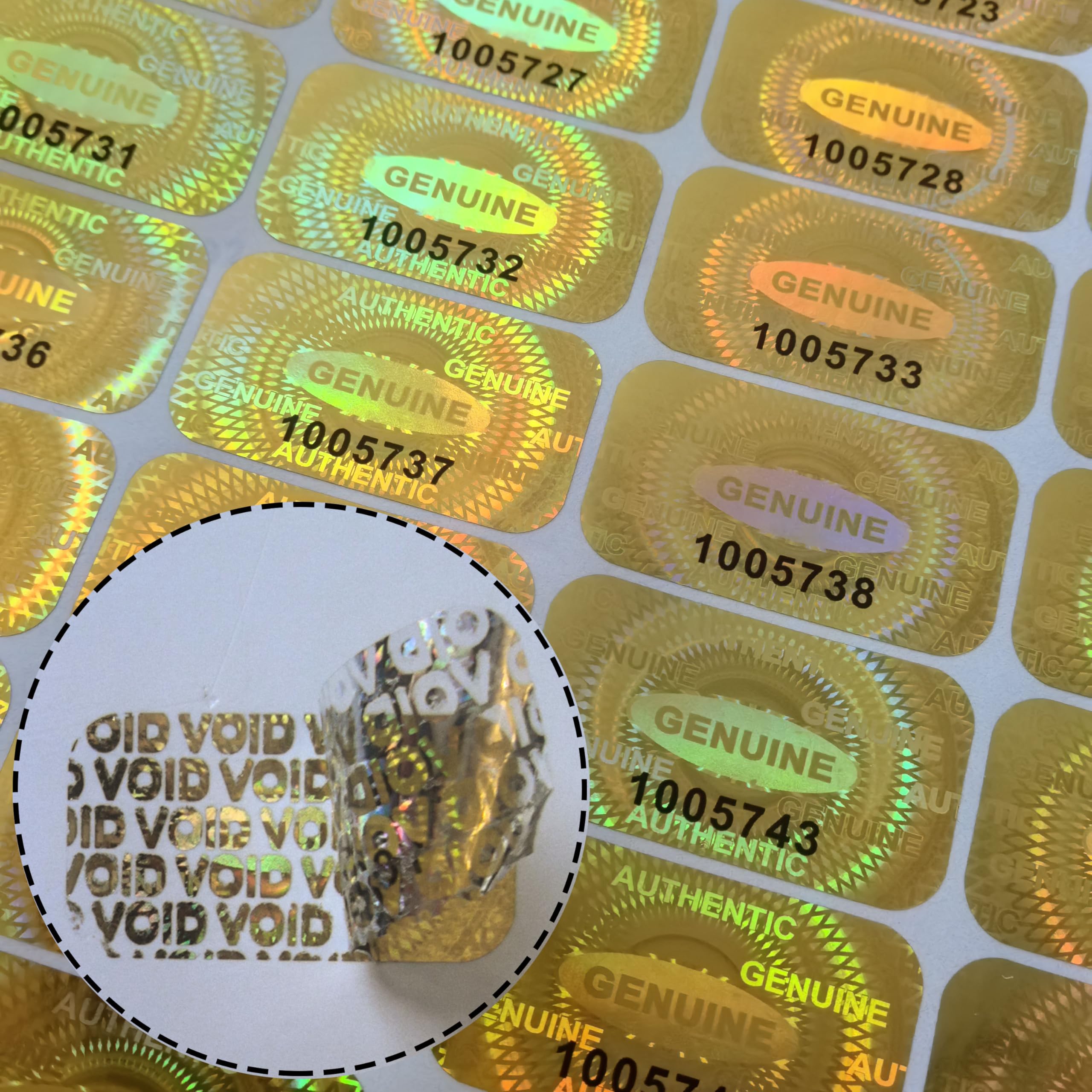 1200 pcs Hologram Tamper Proof Sticker, Security Tamper evident Label, Genuine Authentic Warranty Void Seal Labels with Unique Serial Number (1.2X0.68 inch,Glod)