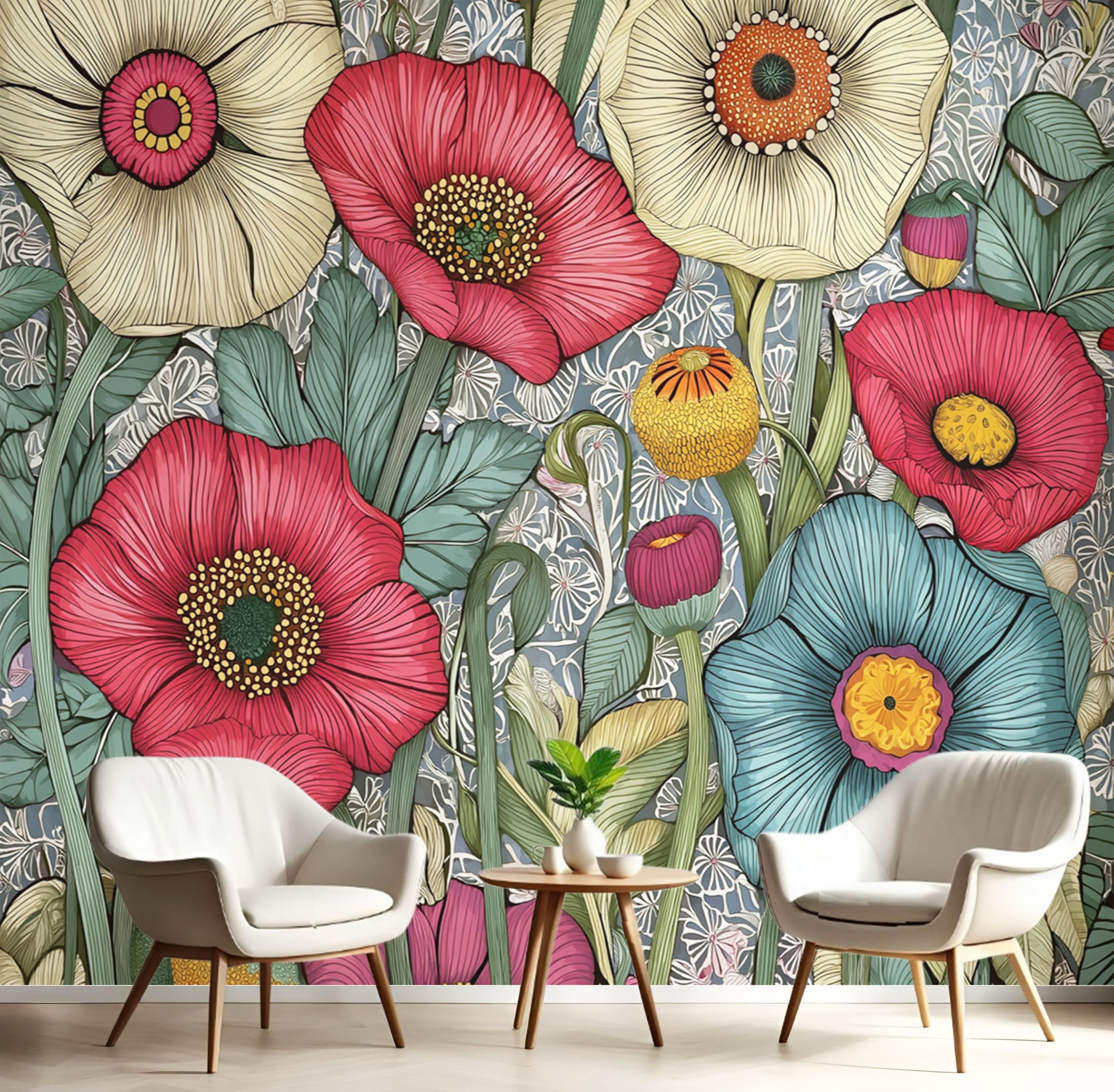 Papier peint panoramique coquelicots gris pour agrandir un salon avec effet 3D