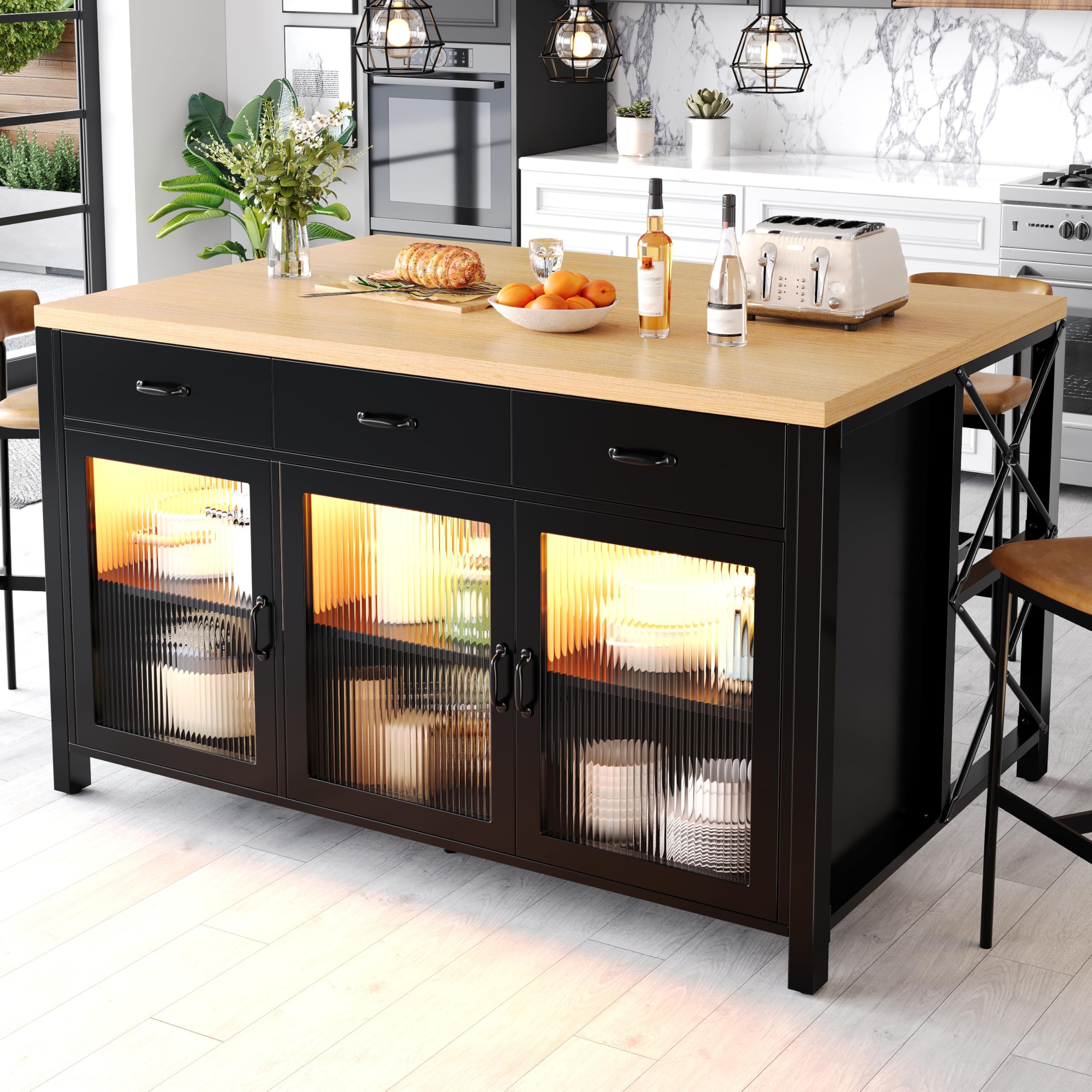 Isola da cucina con 3 cassetti e ante in vetro, design industriale, 150 x 80 x 90 cm, piedini regolabili, nero naturale